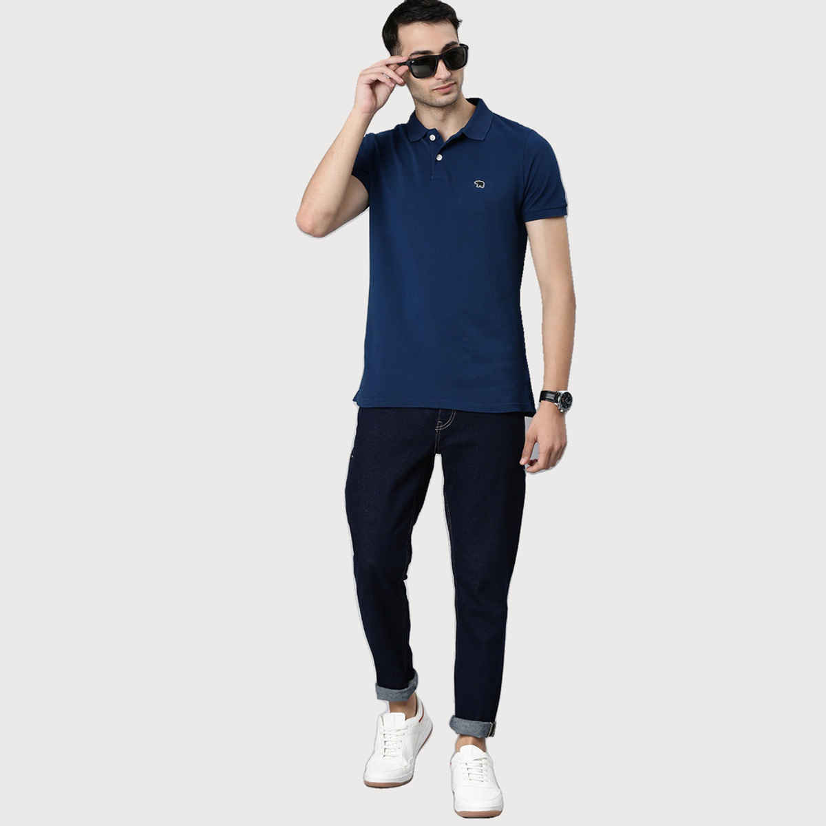 The Bear House Men Slim Fit Overdyed Polo T-shirt - Plot | Blue | L