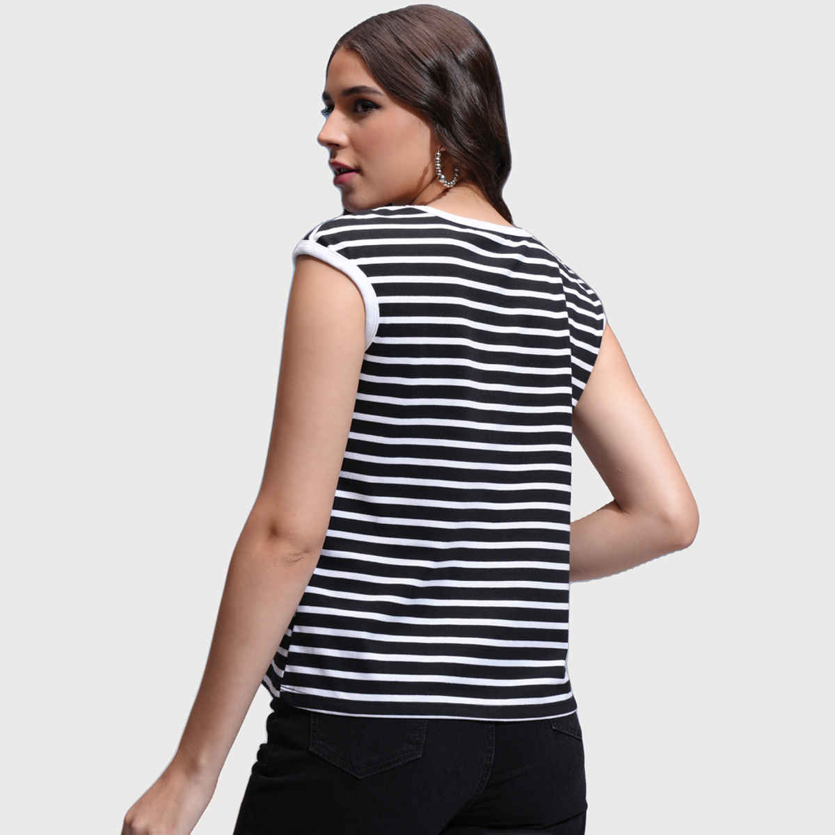 Tokyo Talkies Women's Striped Regular Fit Sleeveless Top | Black & White - L
