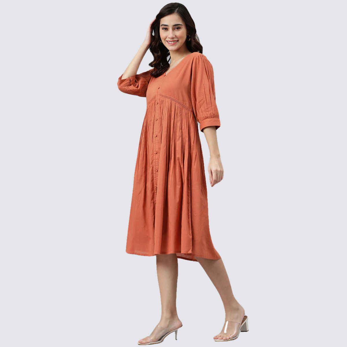 Janasya Women's Coral Orange Pure Cotton Solid Flared Dress - M