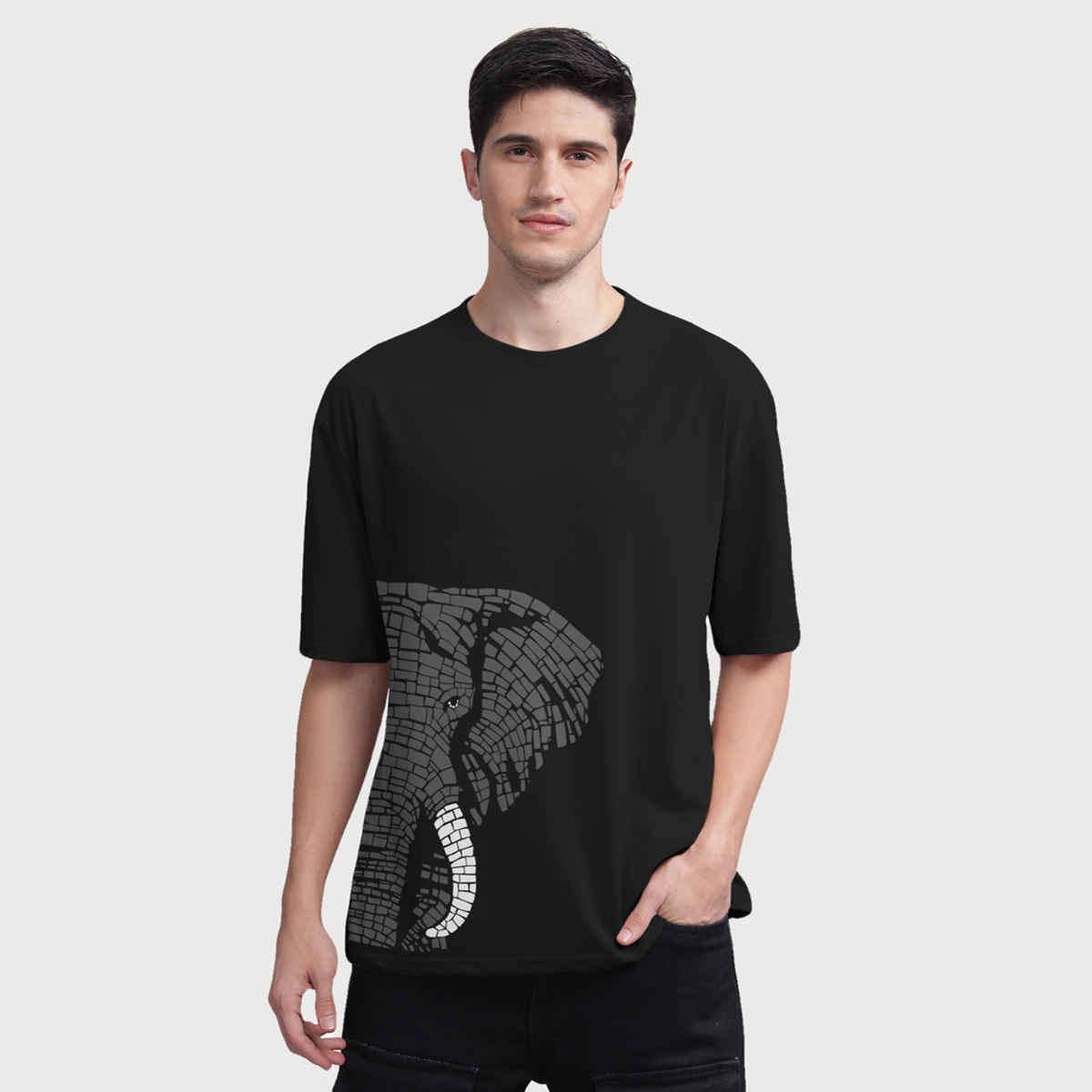 Bullmer Men's Oversized T-shirt Front and Back Printed | Trendy Black | M