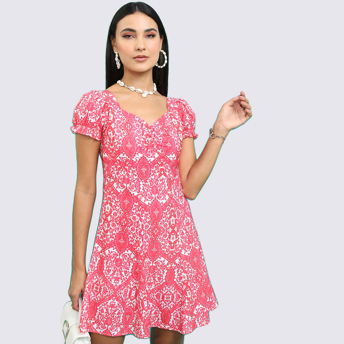Tokyo Talkies Women's Ethnic Motifs Printed V - Neck Puff Sleeves A - Line Dress| Fuschia - S