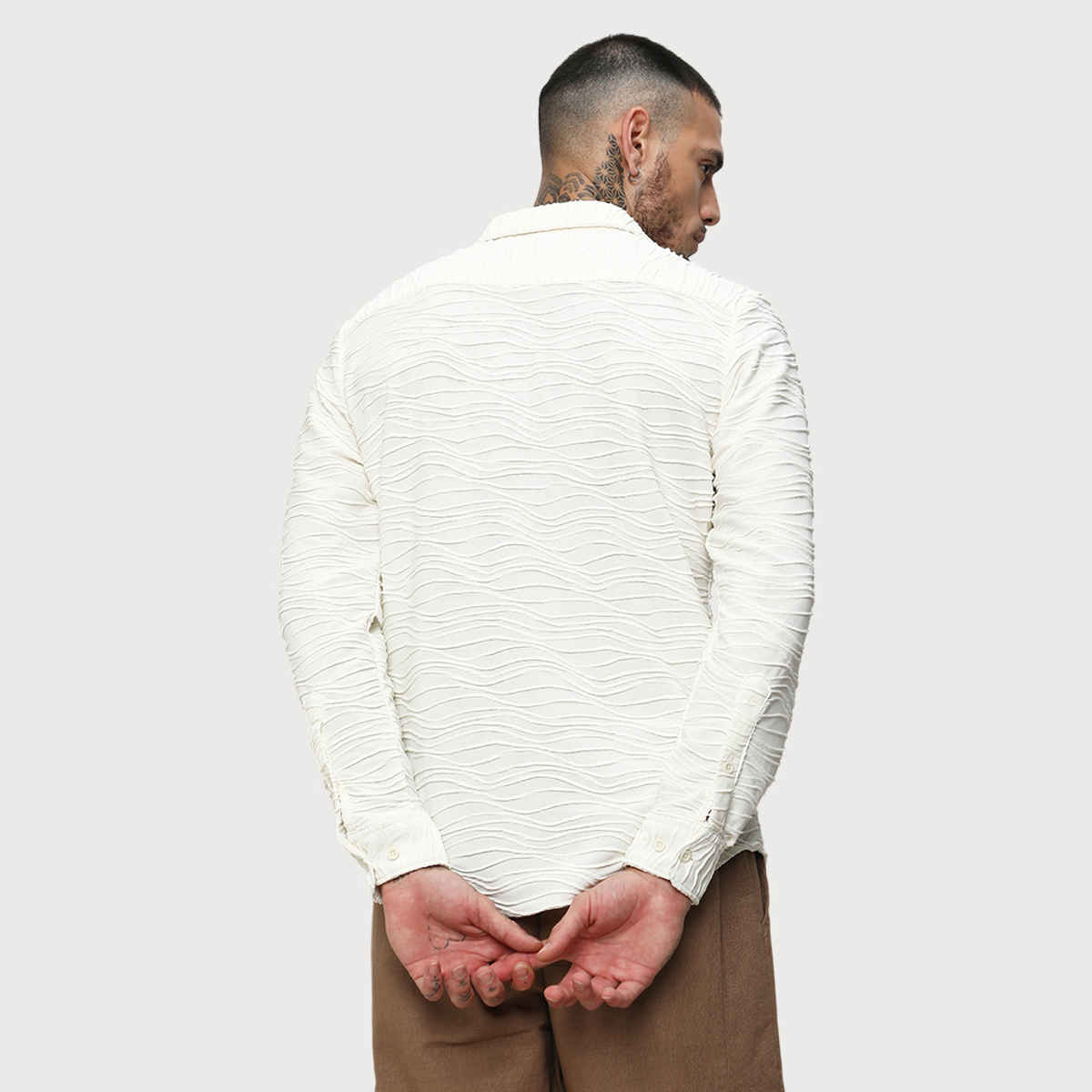 Campus Sutra Men's Self-Design Wave Shirt | White - S