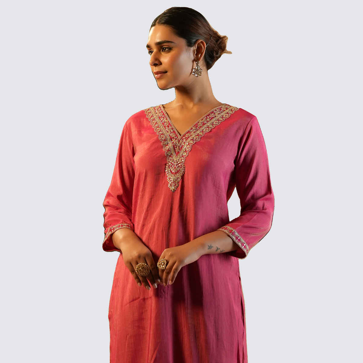 INDO ERA Women's Embroidered Straight Kurta Pant set | KS9RP11589 | Pink - L
