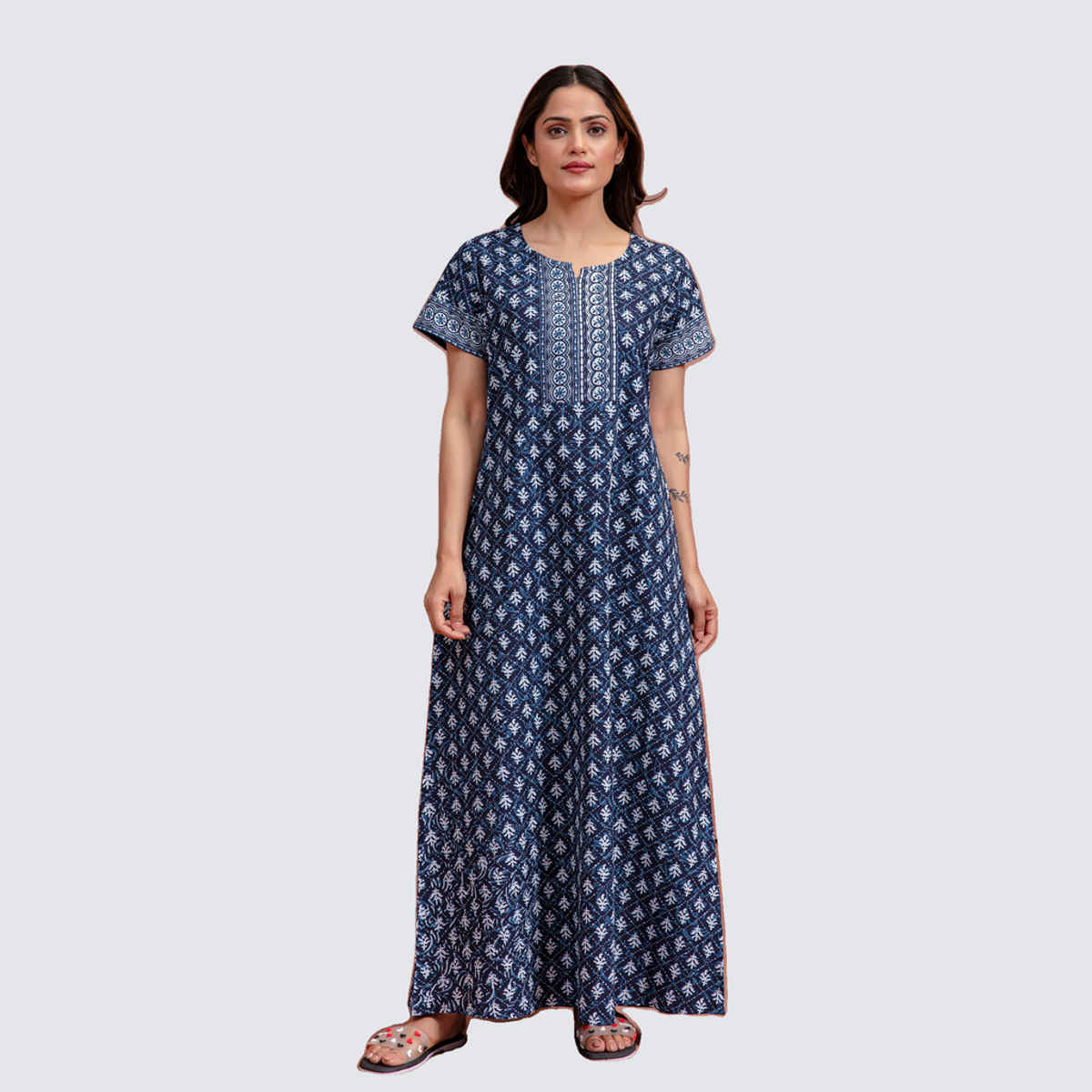 NIHSAMAH Women's Essential Slip-On Nighty | Full Length | Navy Blue - XL