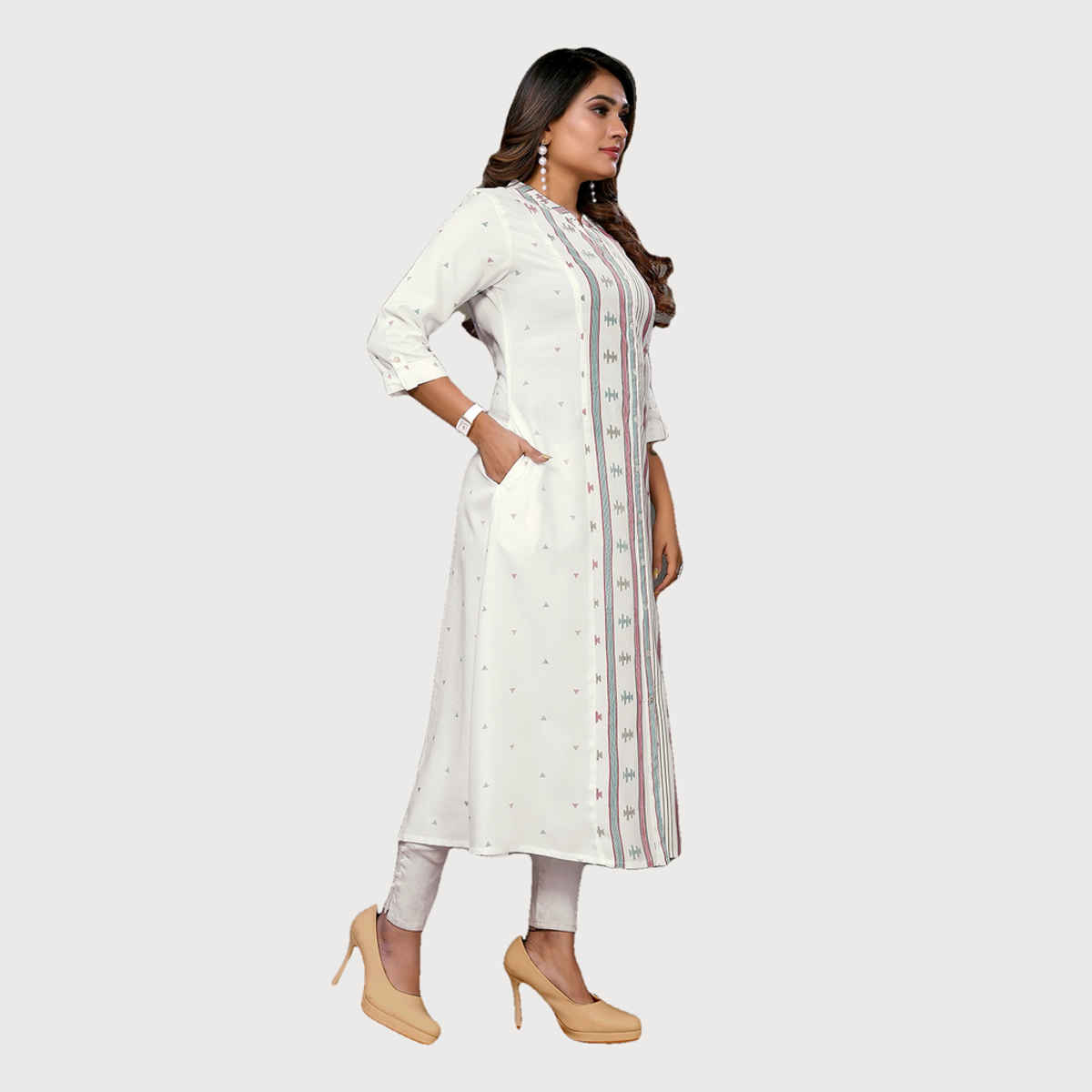 Rangita Women's Off White Rayon Printed Calf Length A-Line Kurta | L