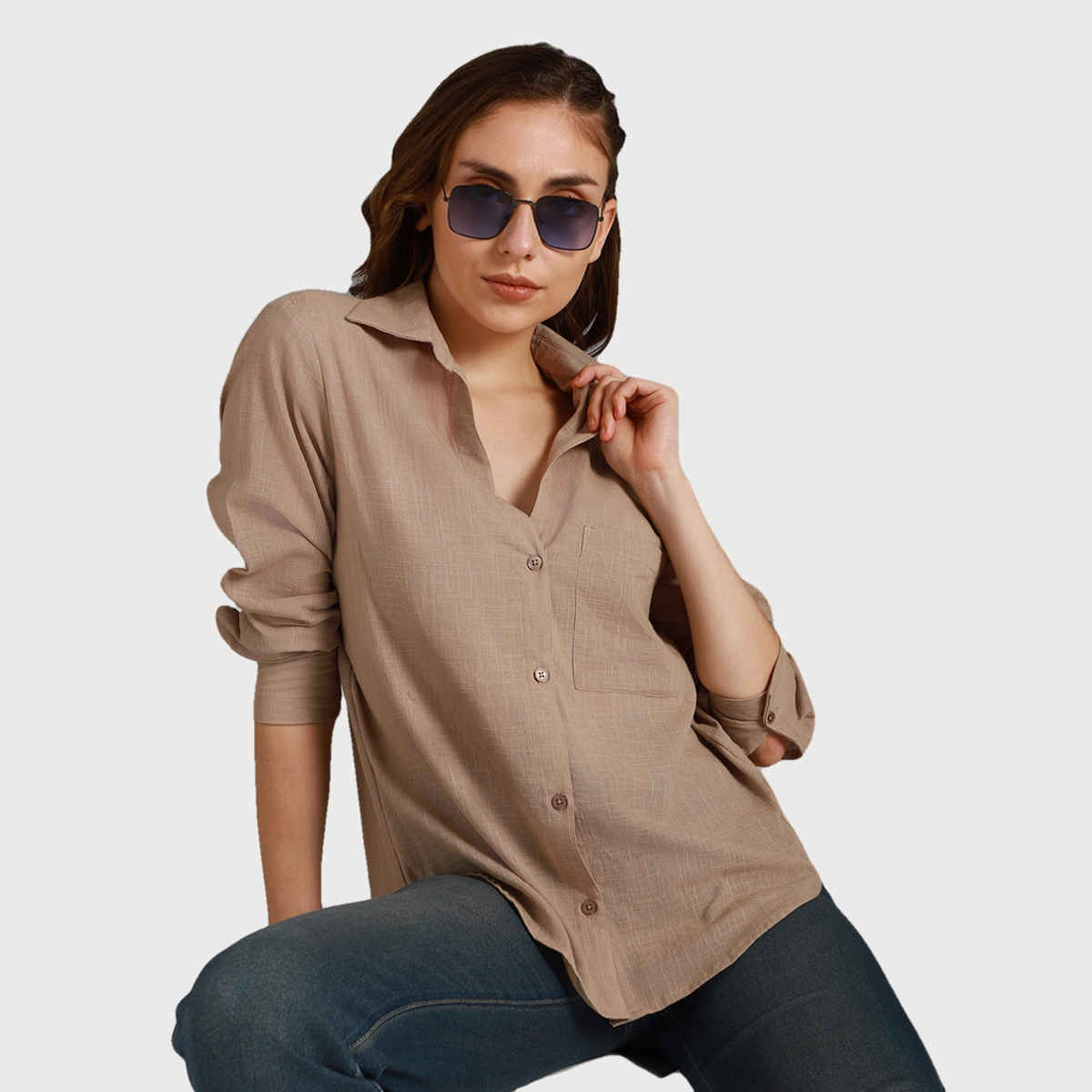 High Star Women Sand Classic Spread Collar Long Sleeves Cotton Casual Shirt (Size-XL)