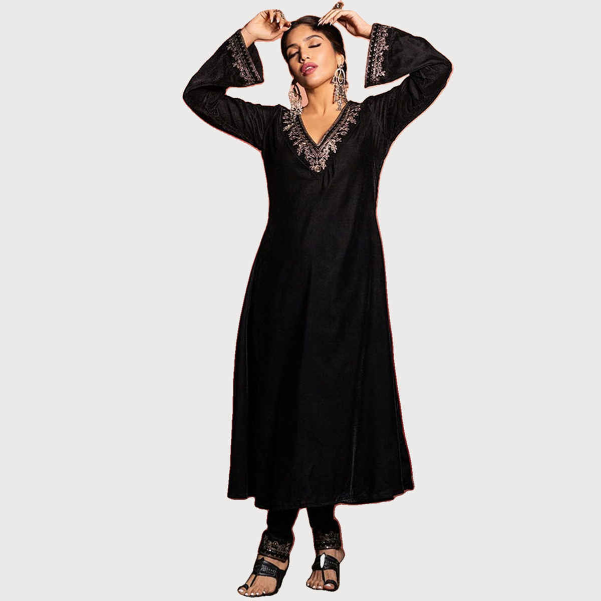 Ishin Women's Ethnic Black Flared Velvet Kurta Set with Dupatta | Inwsdaw231206_Bk | M