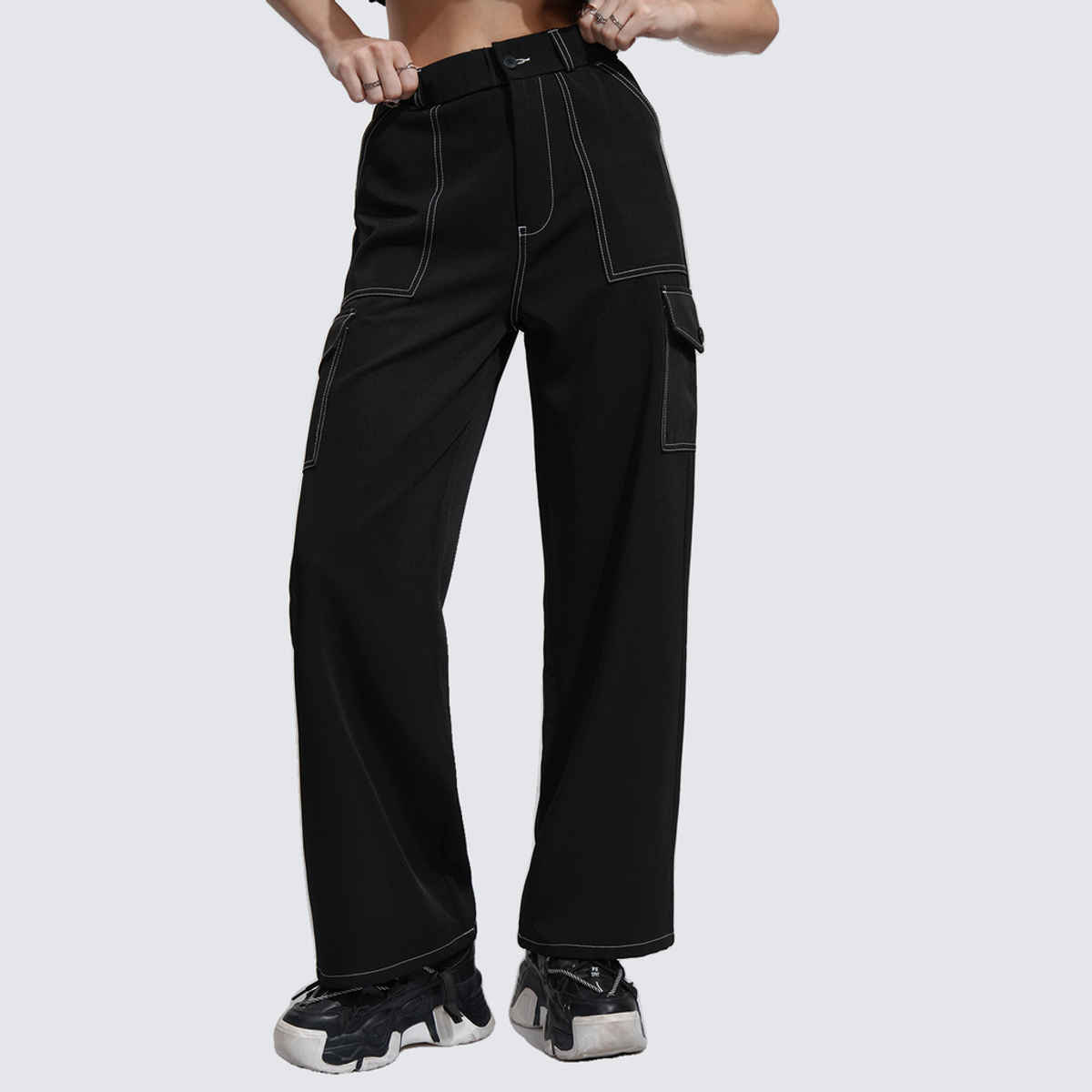 Tokyo Talkies Women's High Rise Straight Fit Cargo Trouser| Black - 32