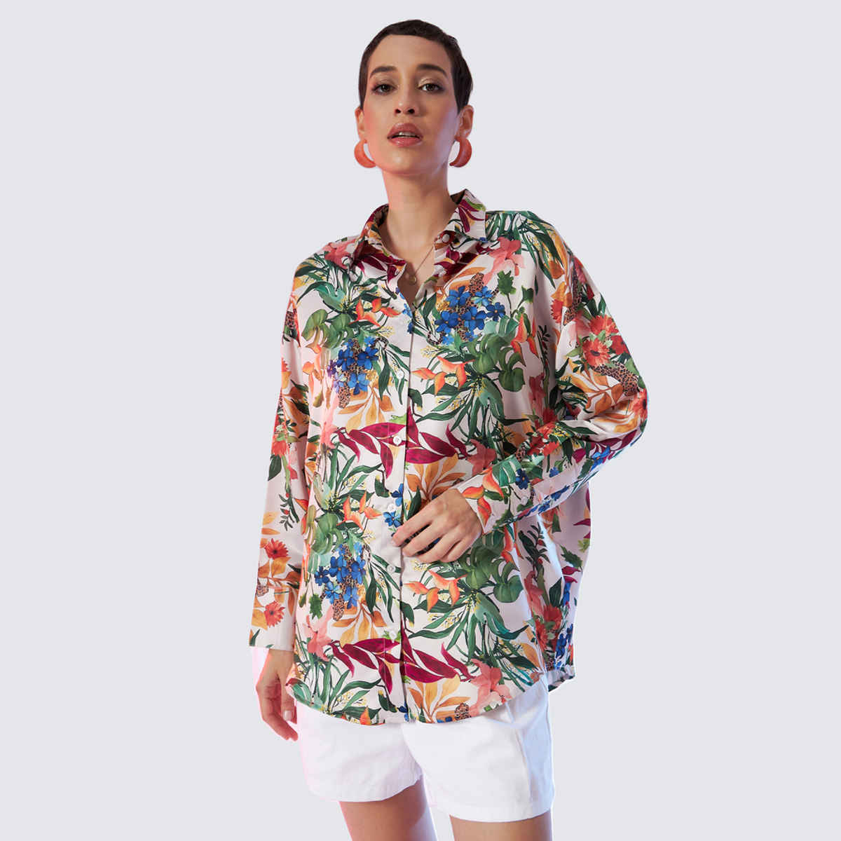 SASSAFRAS Women's Satin Floral Oversized Shirt | Multicolour - XL