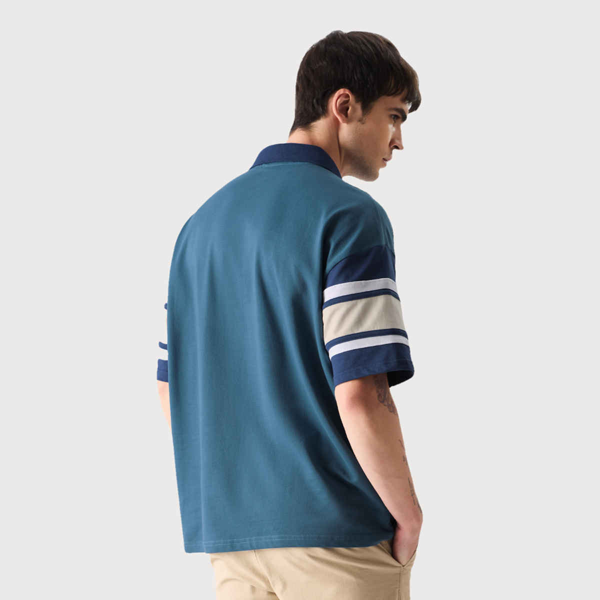 The Souled Store Men's Solids Colourblock Oversized Polo | Ocean Blue - L