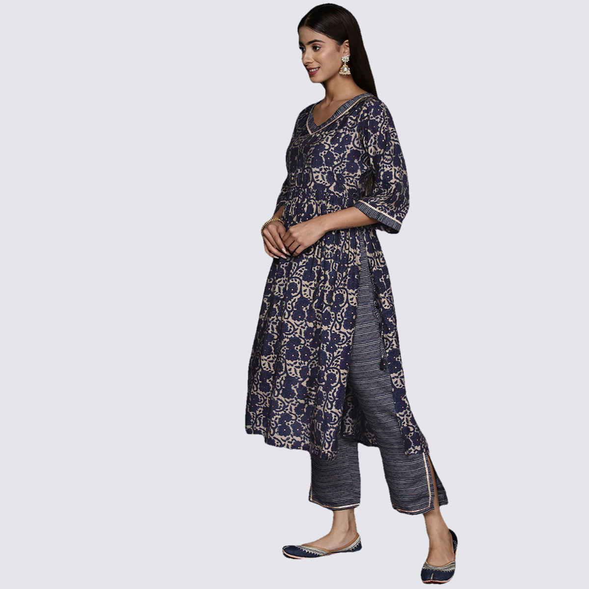 Libas Women's Printed Silk Blend A-Line Kurta With Trousers & Dupatta | Blue - S