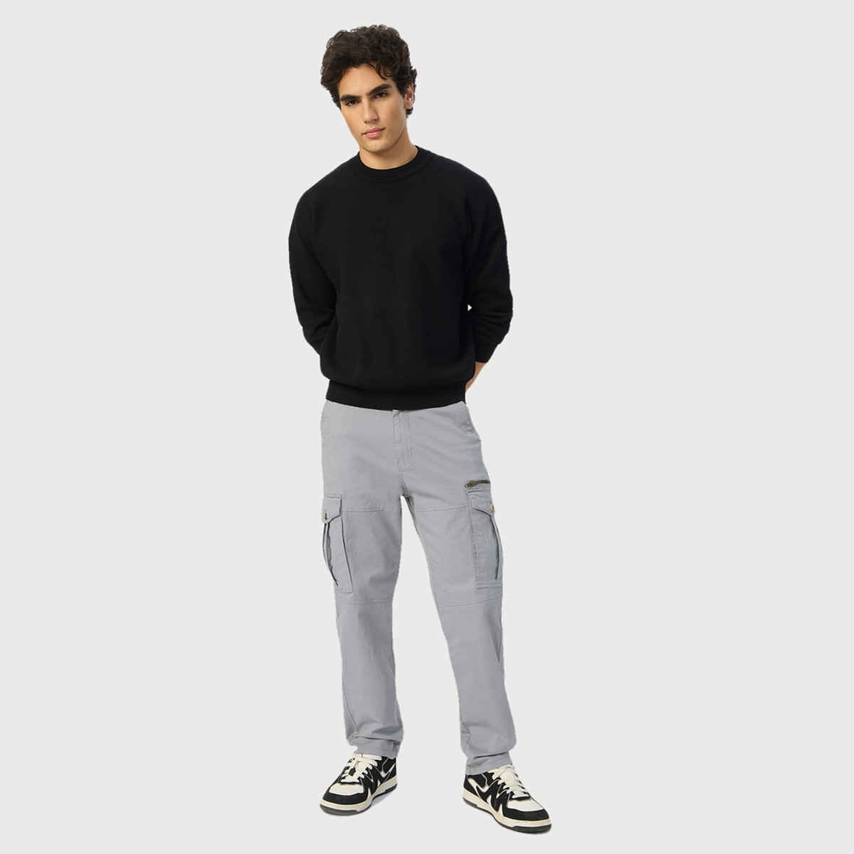 The Souled Store Men's Solids Cargo Pants | Grey - 36