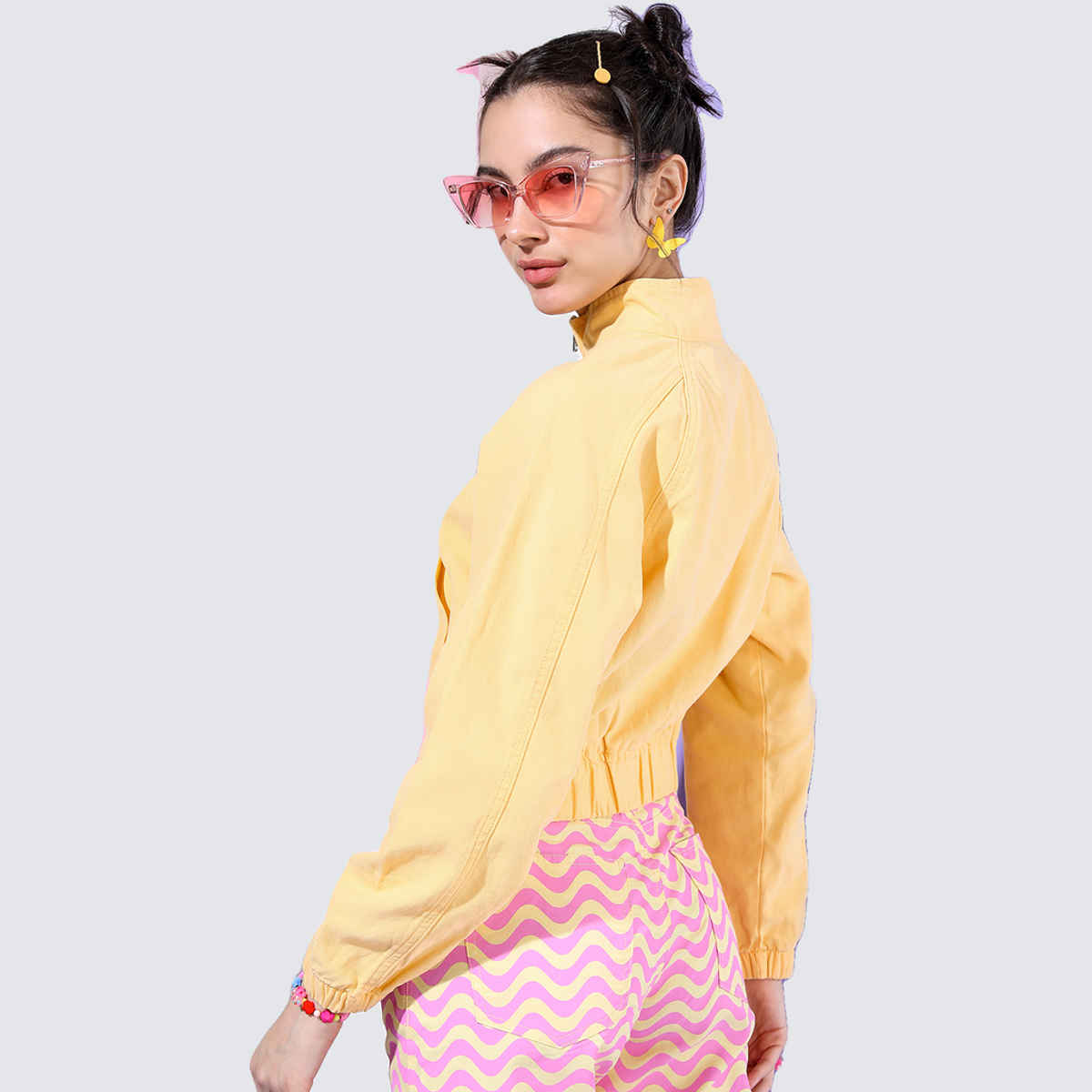 Tokyo Talkies Women's Solid Bomber Jacket | Yellow - M