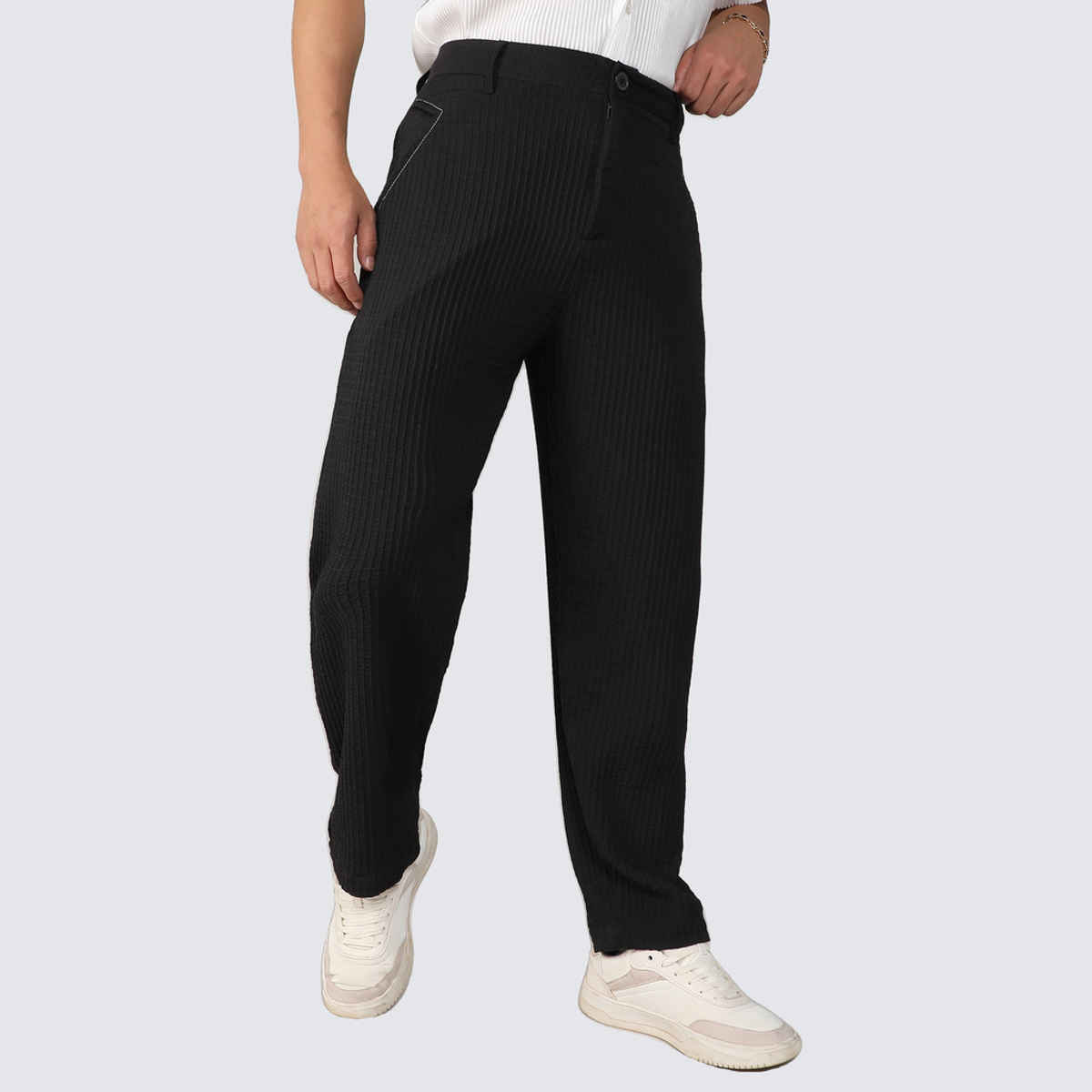 Campus Sutra Men's Onyx Textured Graph Check Trousers | Black - 30