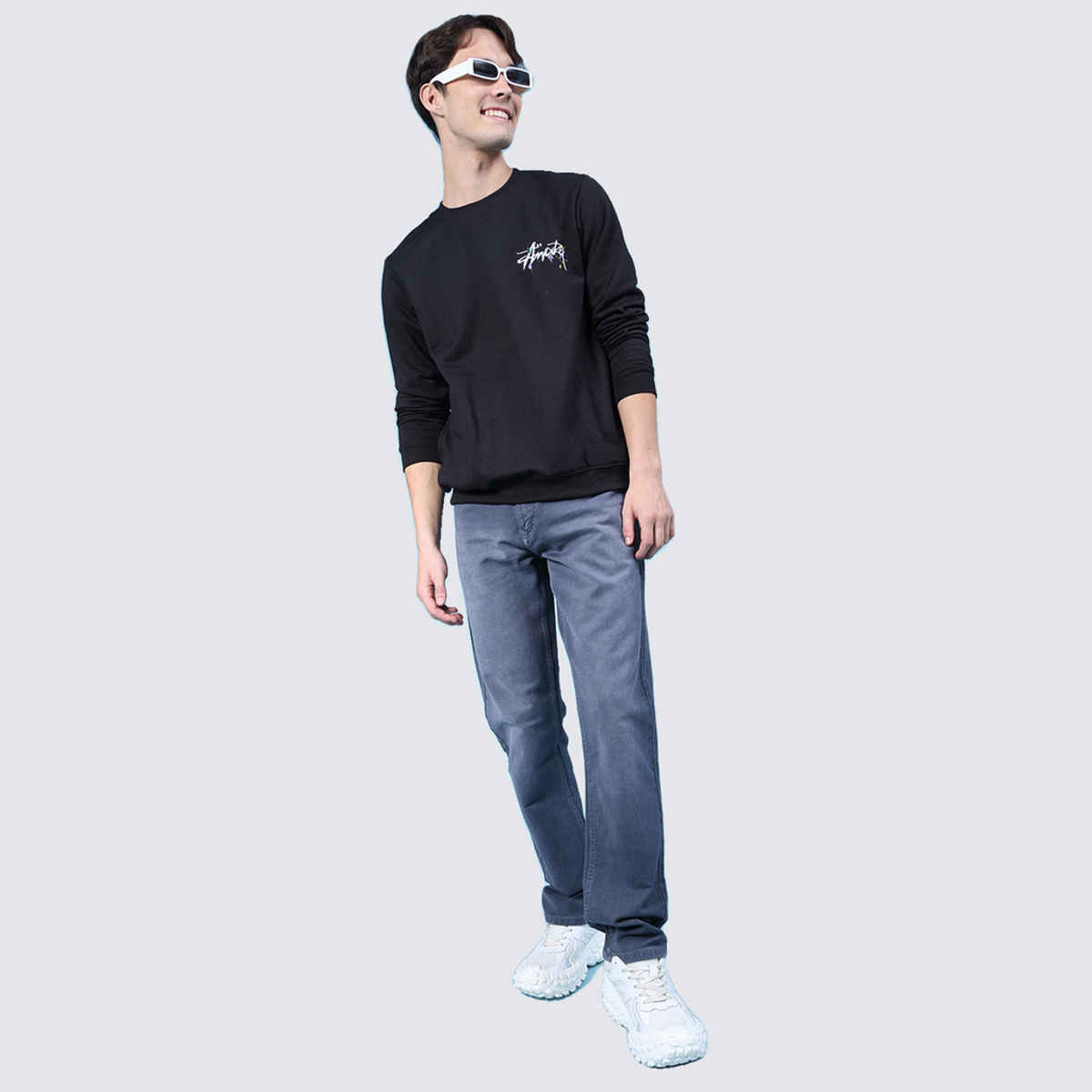 V-Mart Men's Printed Fleece Round Neck Sweatshirt | Black - M