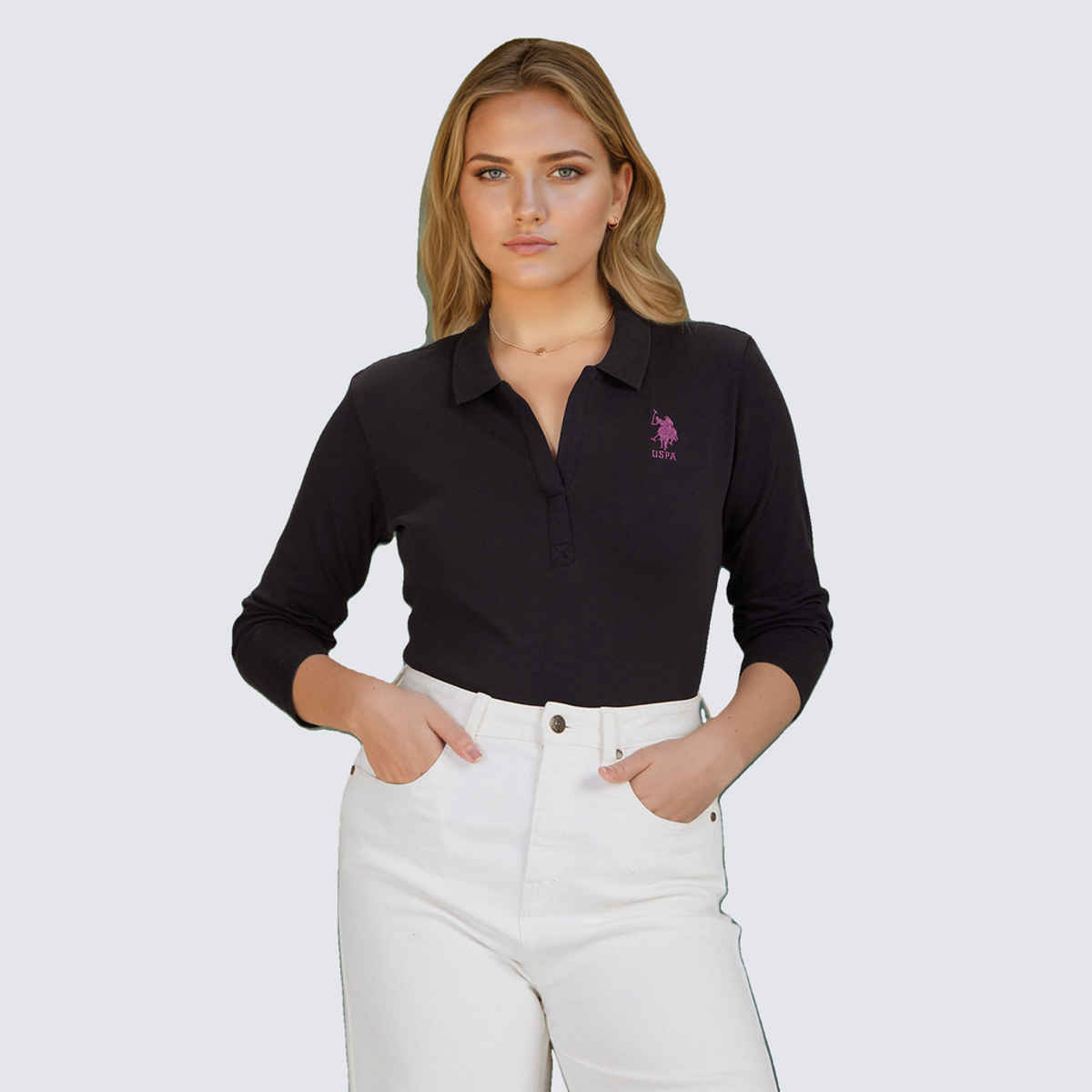 U.S. Polo Assn. Women's Long Sleeve Cotton Polo Shirt | Black - M