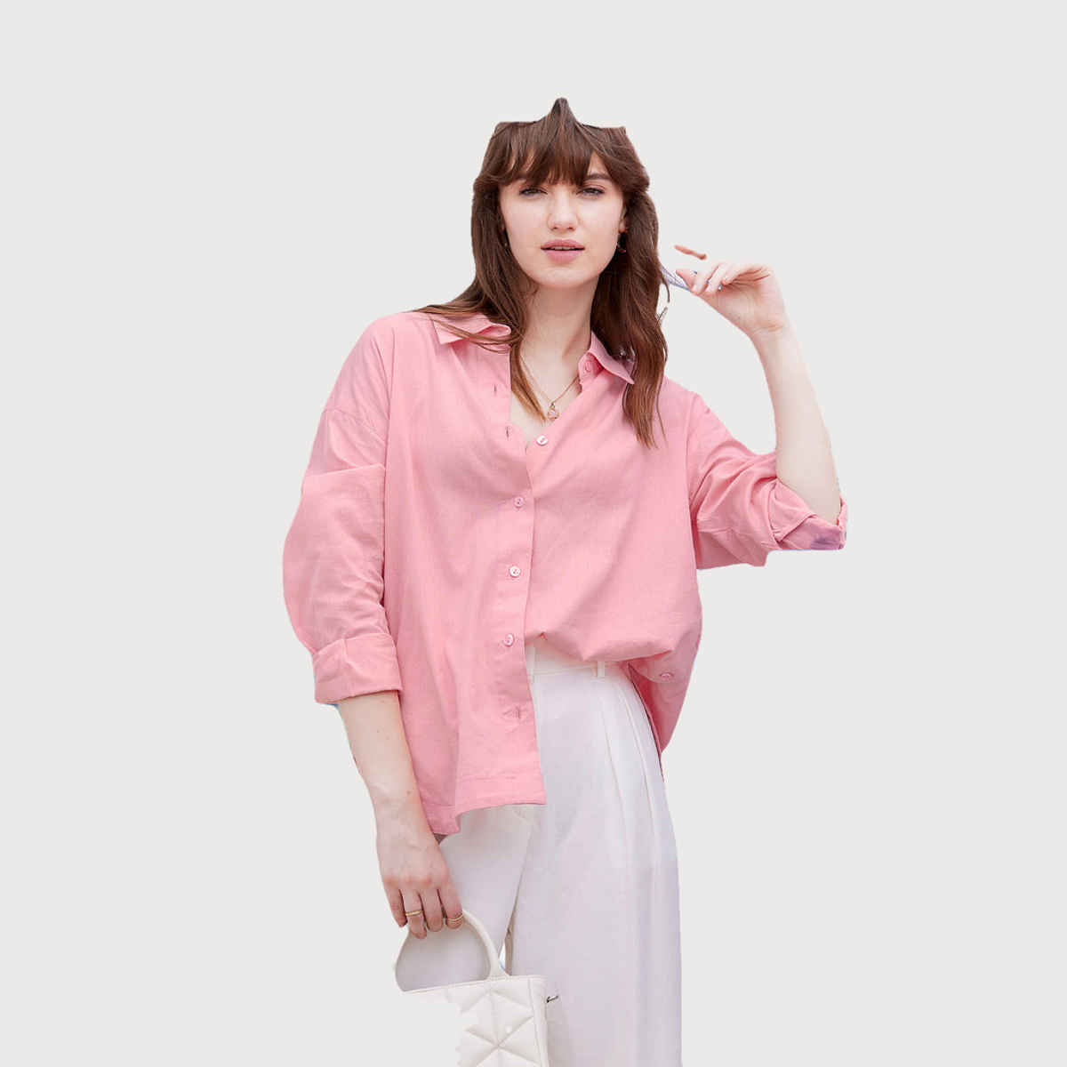 The Souled Store Women's Cotton Linen Boyfriend Shirt | Pink - L