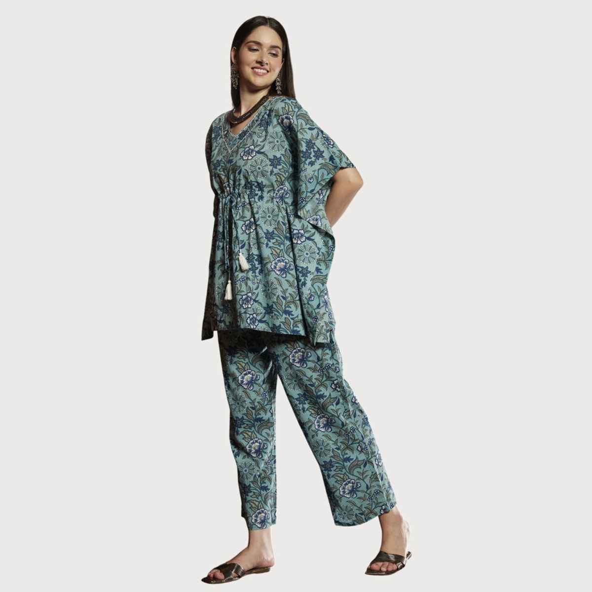 Bandia Women's Stripe Printed Kaftan Trouser Co-Ord Set | BANCS0117 | Blue and White | S