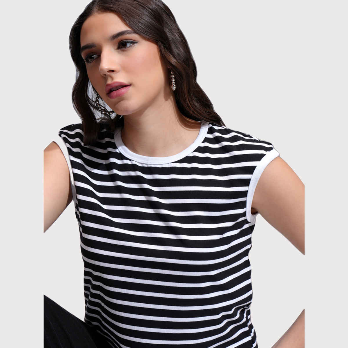 Tokyo Talkies Women's Striped Regular Fit Sleeveless Top | Black & White - L