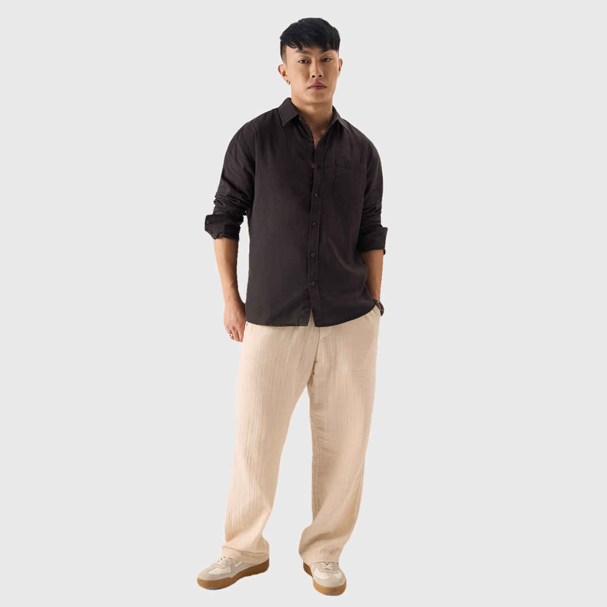 The Souled Store Men's Regular Brown Cotton Linen Shirts | M