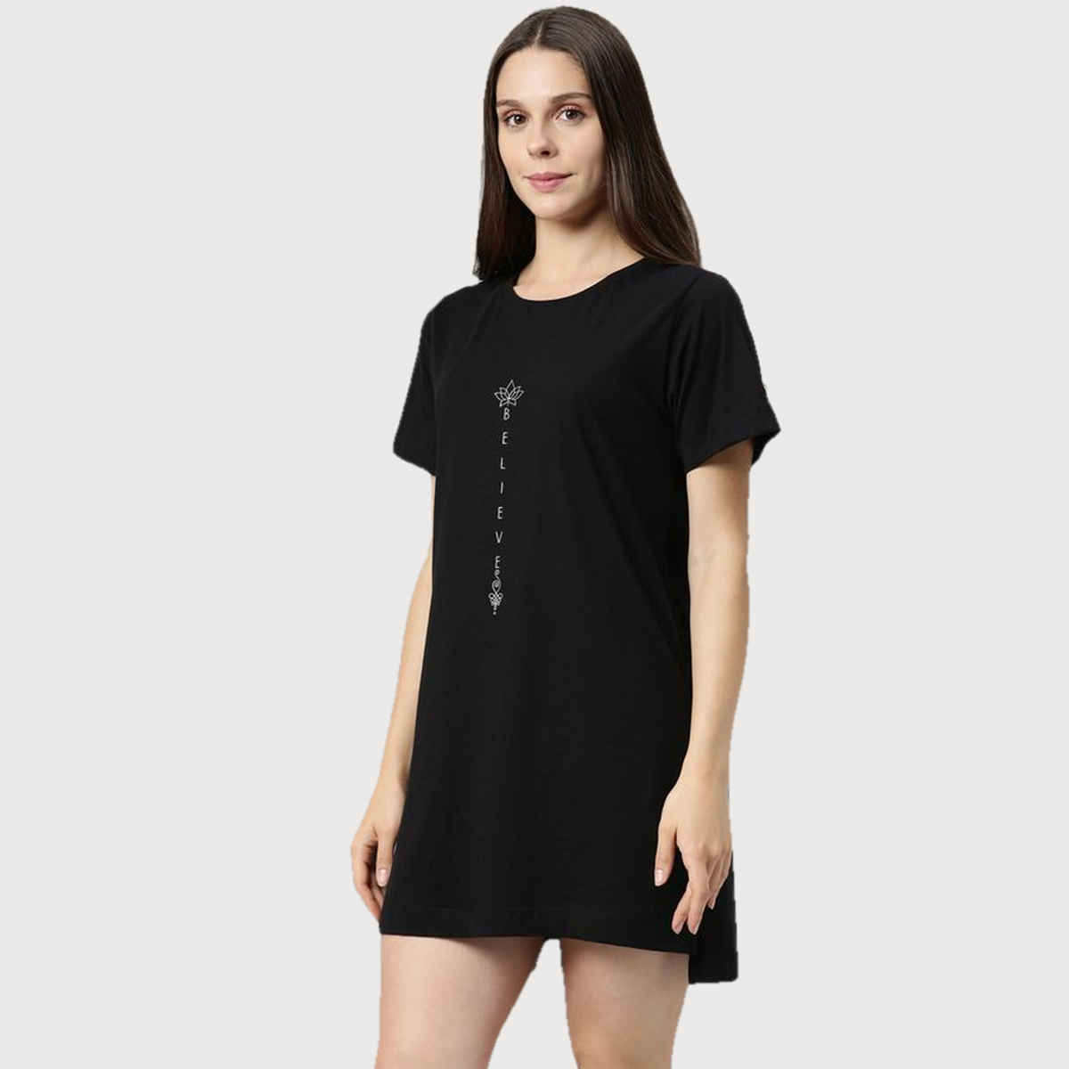 Enamor Women's E061 Crew Neck Cotton Tunic Tee|Side Slits | Jet Black W/Believe-M