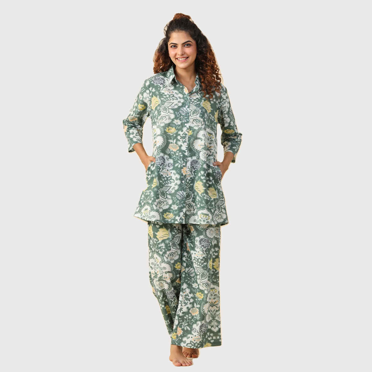 Sanskrutihomes Floral Printed Pure Cotton Night Suit | Green - White | L