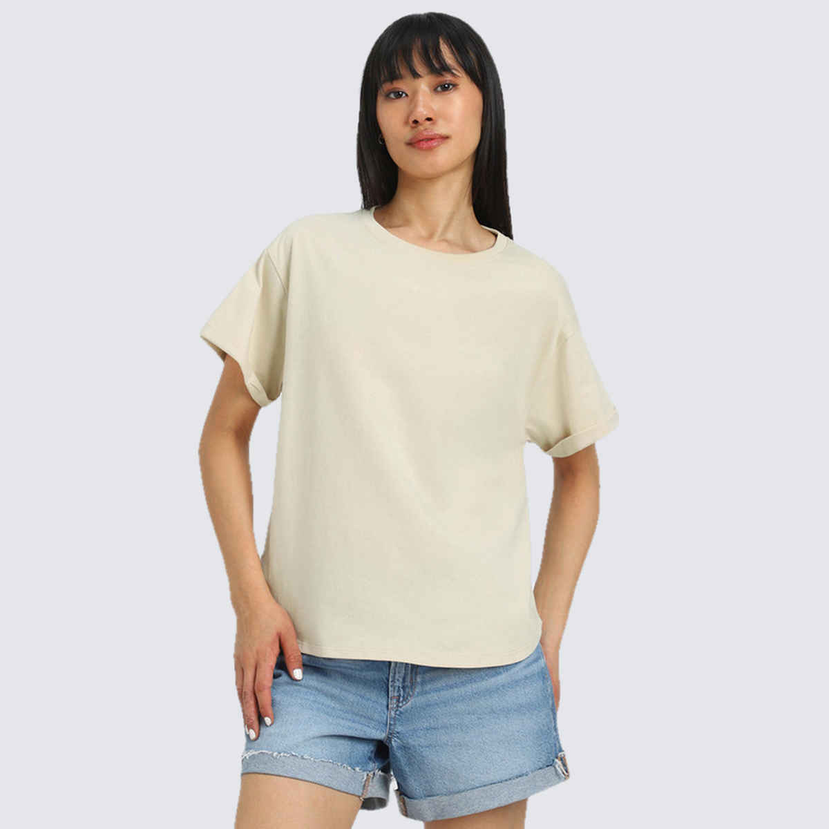Juneberry Women's Oversized Fit Boyfriend T-shirt | Beige - M
