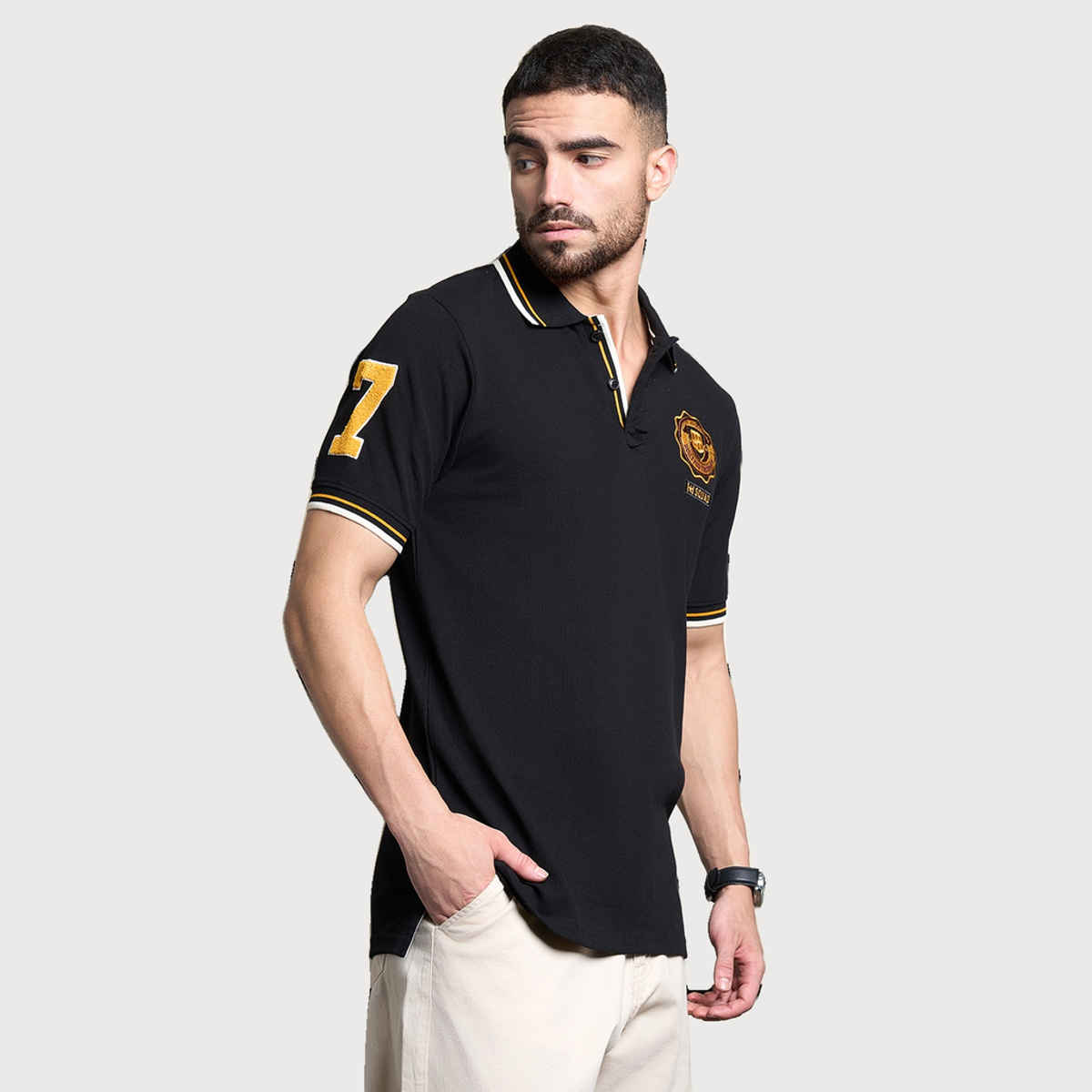 High Star Men's Graphic Printed Polo Collar Cotton T-Shirt | Black - L
