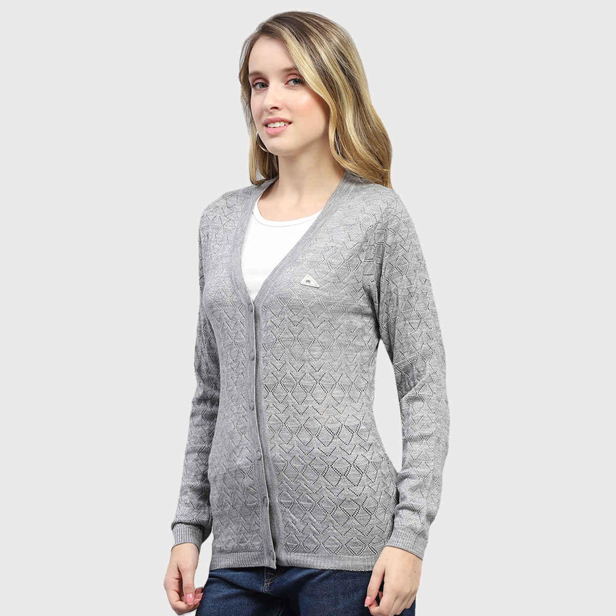 Monte Carlo Womens Grey Self Design V Neck Full Sleeve Cardigan |1243548Vn-102-36 |M
