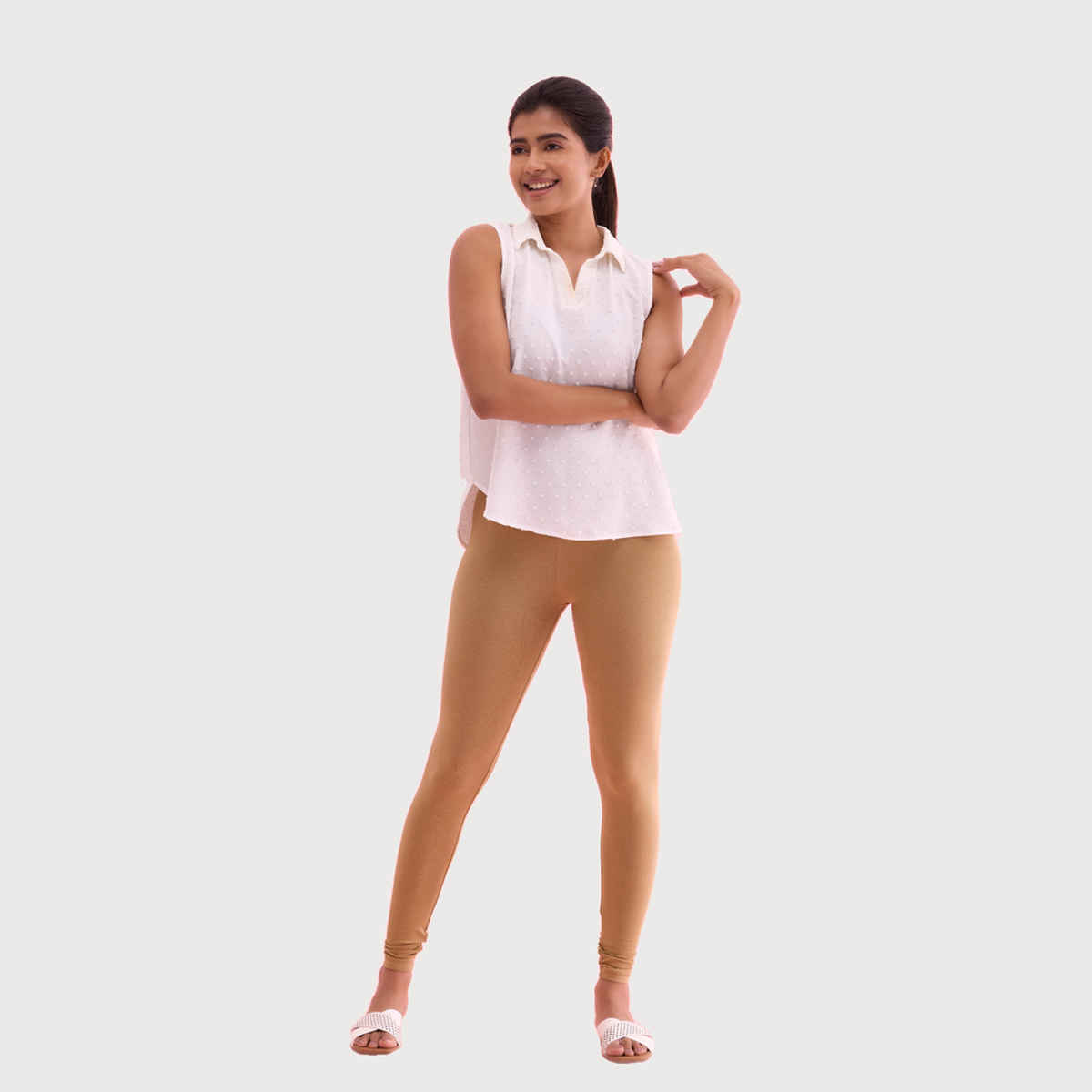 Go Colors Women's Solid Mid Rise Ankle Length Leggings | Beige - S