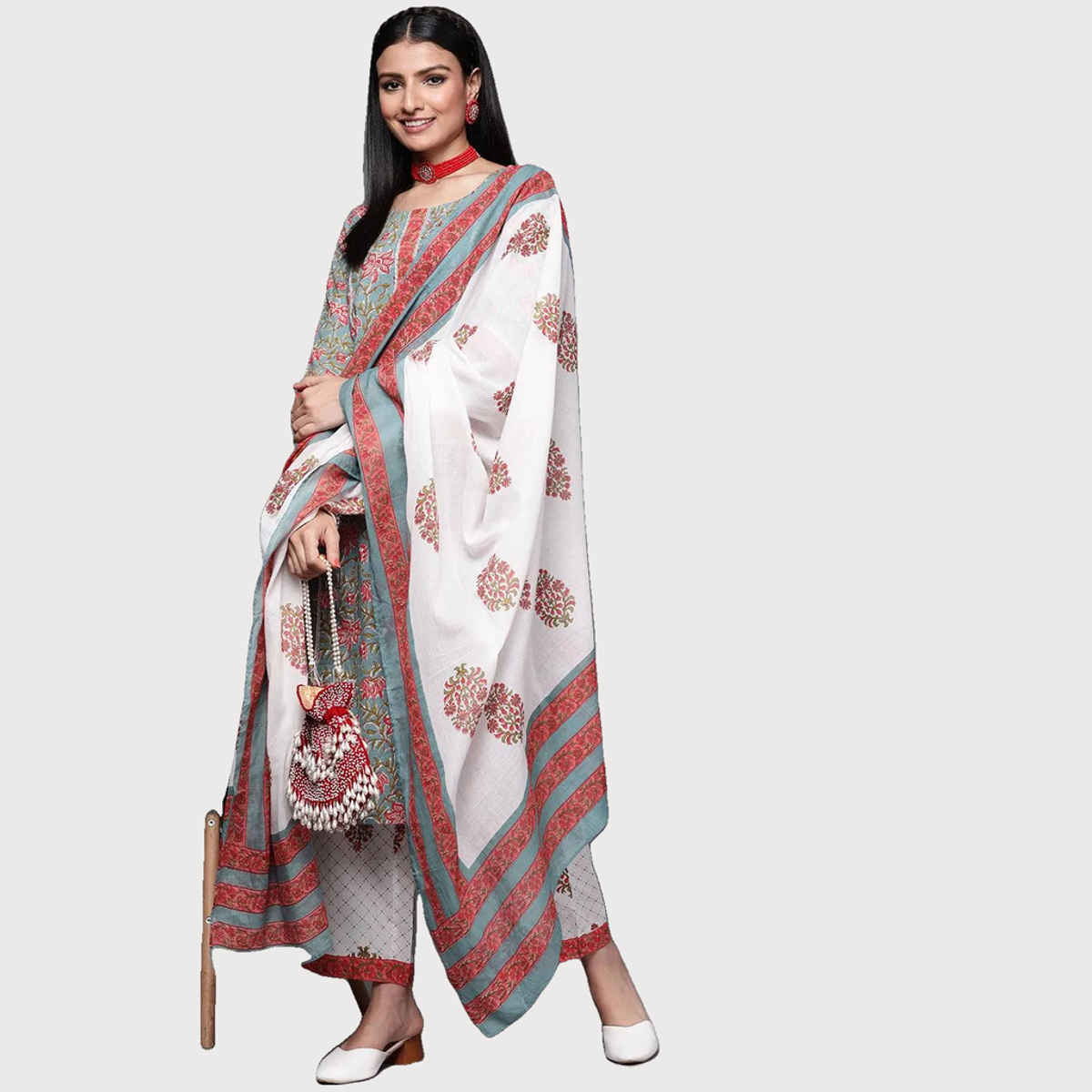 Libas Women Grey Cotton Kurta And White Cotton Palazzo With White Cotton Dupatta - 33151Os