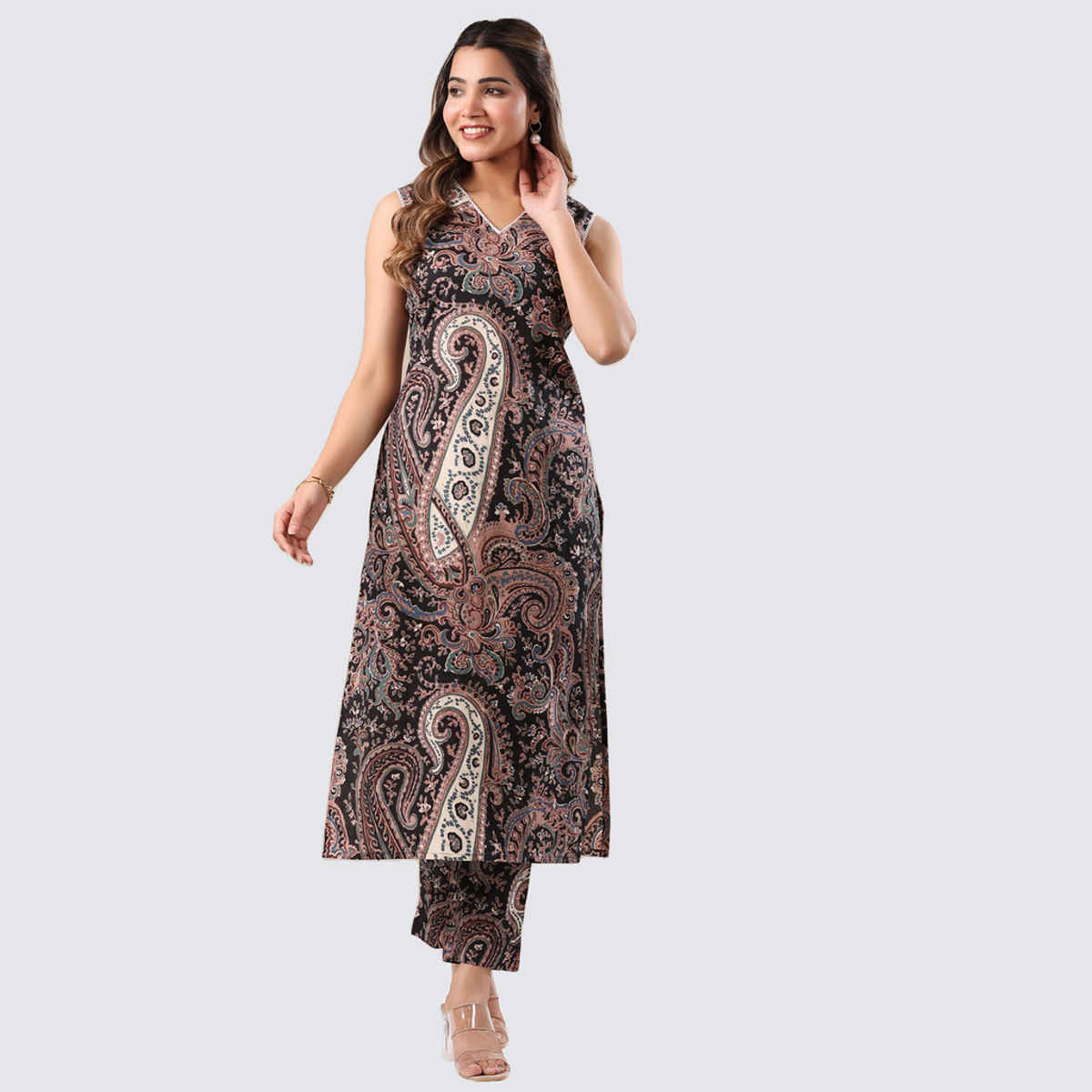 Janasya Women's Pure Cotton Paisley Printed Straight Kurta Pant Set | Black - L