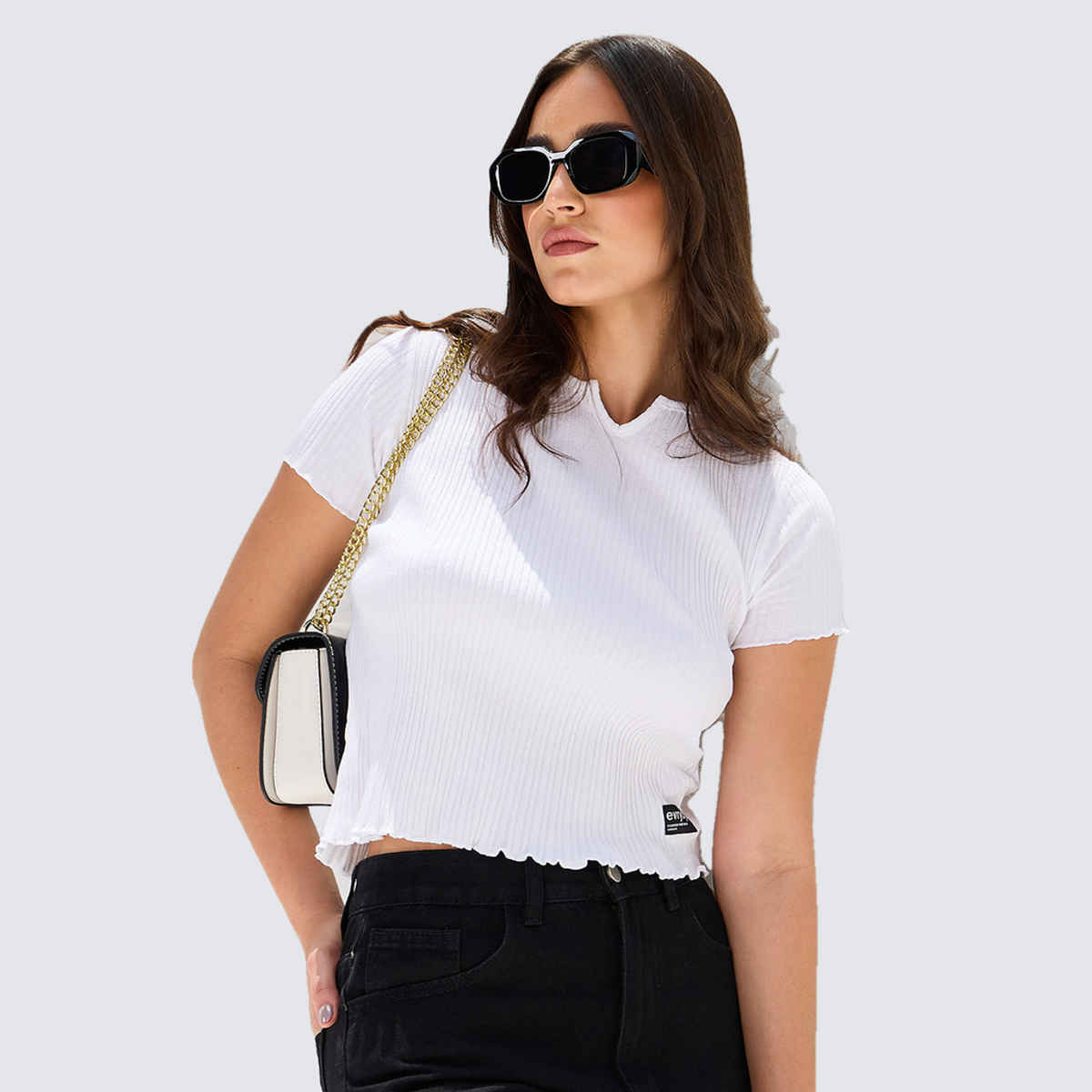 Styli Women's Crop T-shirt with Self Design | White - M