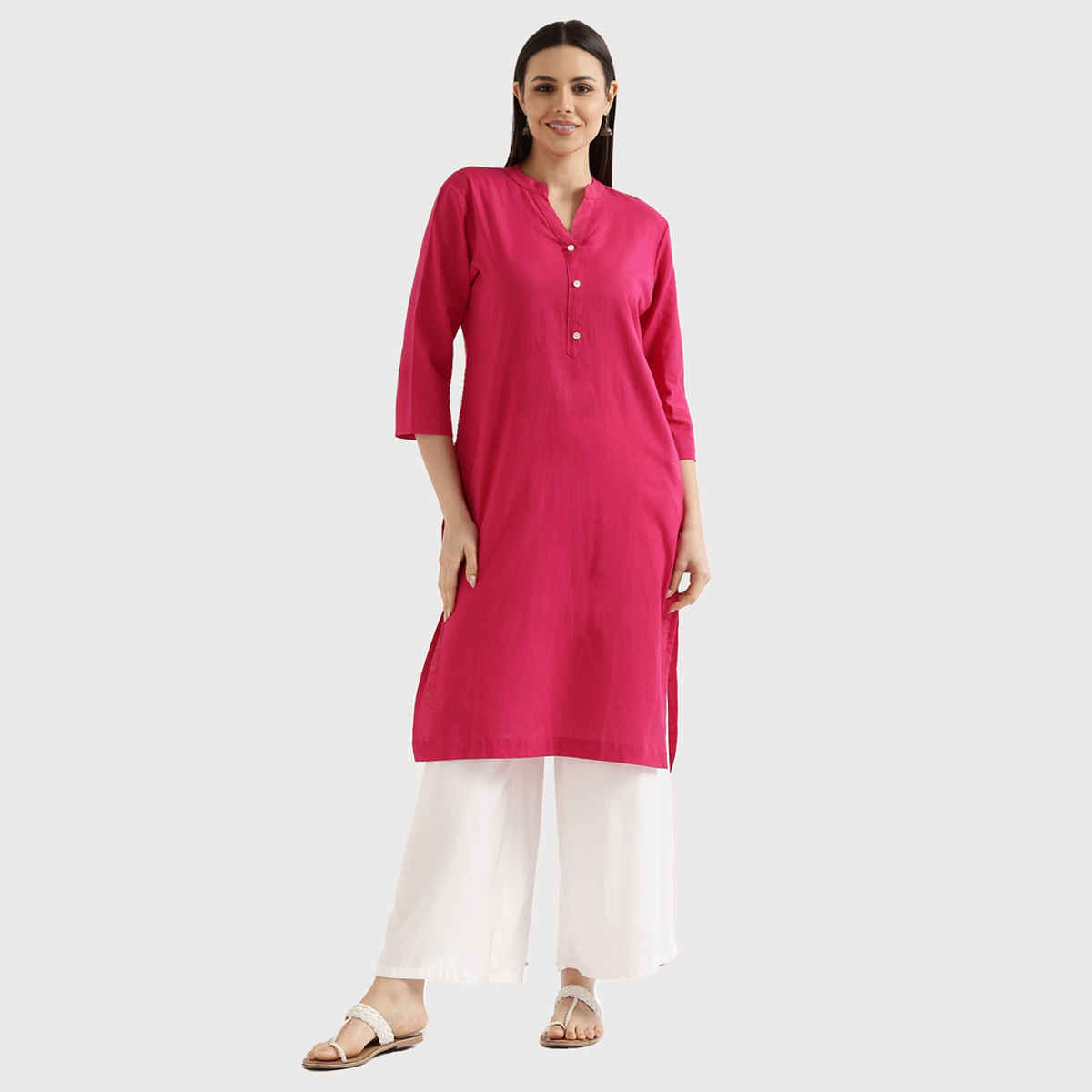 Saadaa Women's Long Airy Linen Kurta | Hot Pink - L