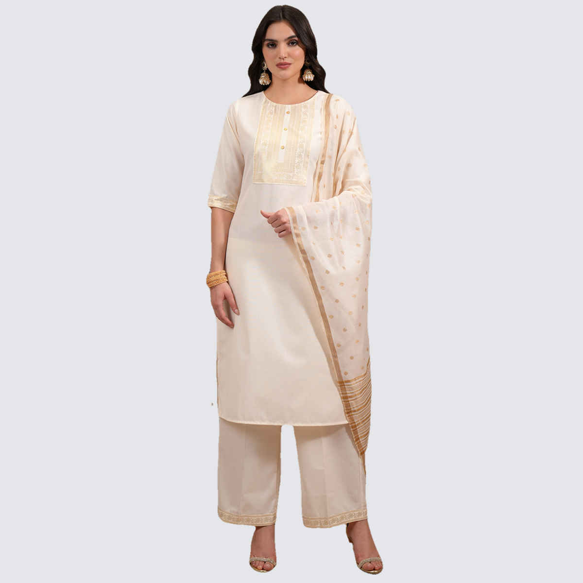 Vishudh Women's Foil Print Straight Kurta with Cropped Palazzo with Dupatta | PVK3000037 | Cream -S