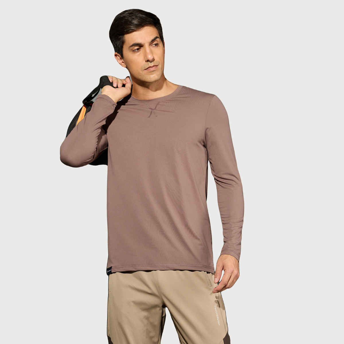 Technosport Men's Poly Solid Slim Fit Round Neck Full Sleeve Sports T-shirt | Deep Taupe - 2XL