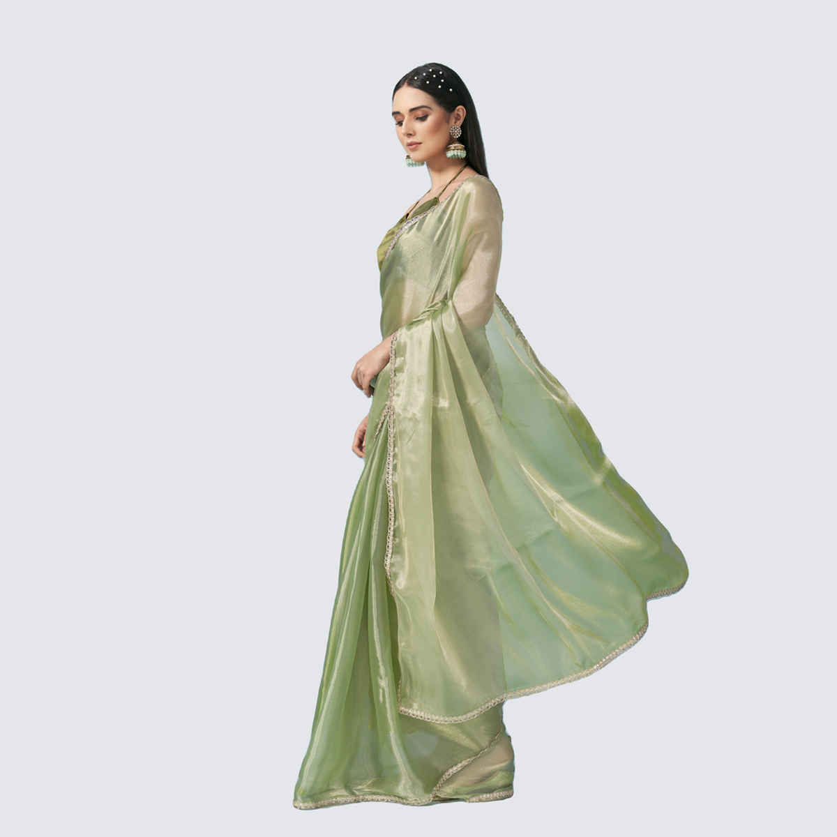 Tikhi Imli Women's Shimmer Satin Lace Saree With Unstitched Blouse | Green