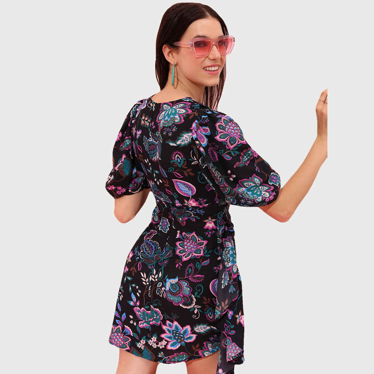 Tokyo Talkies Floral Printed Ruched Sheath Dress | Black - L