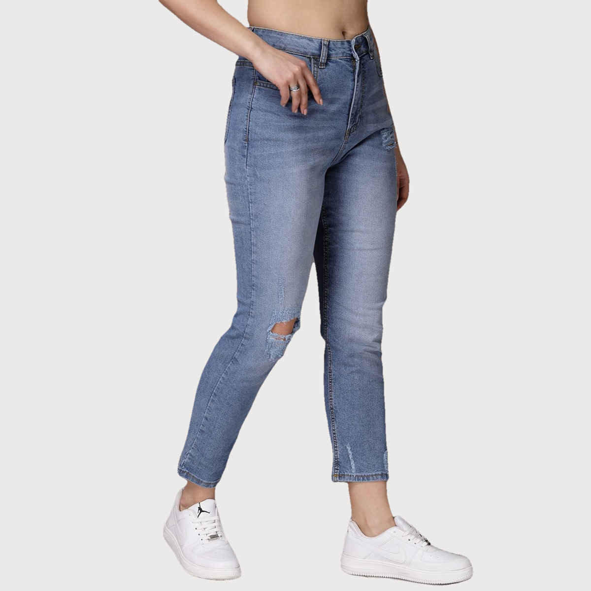 Freehand Women's Distressed Straight Fit Jeans | Blue - 28