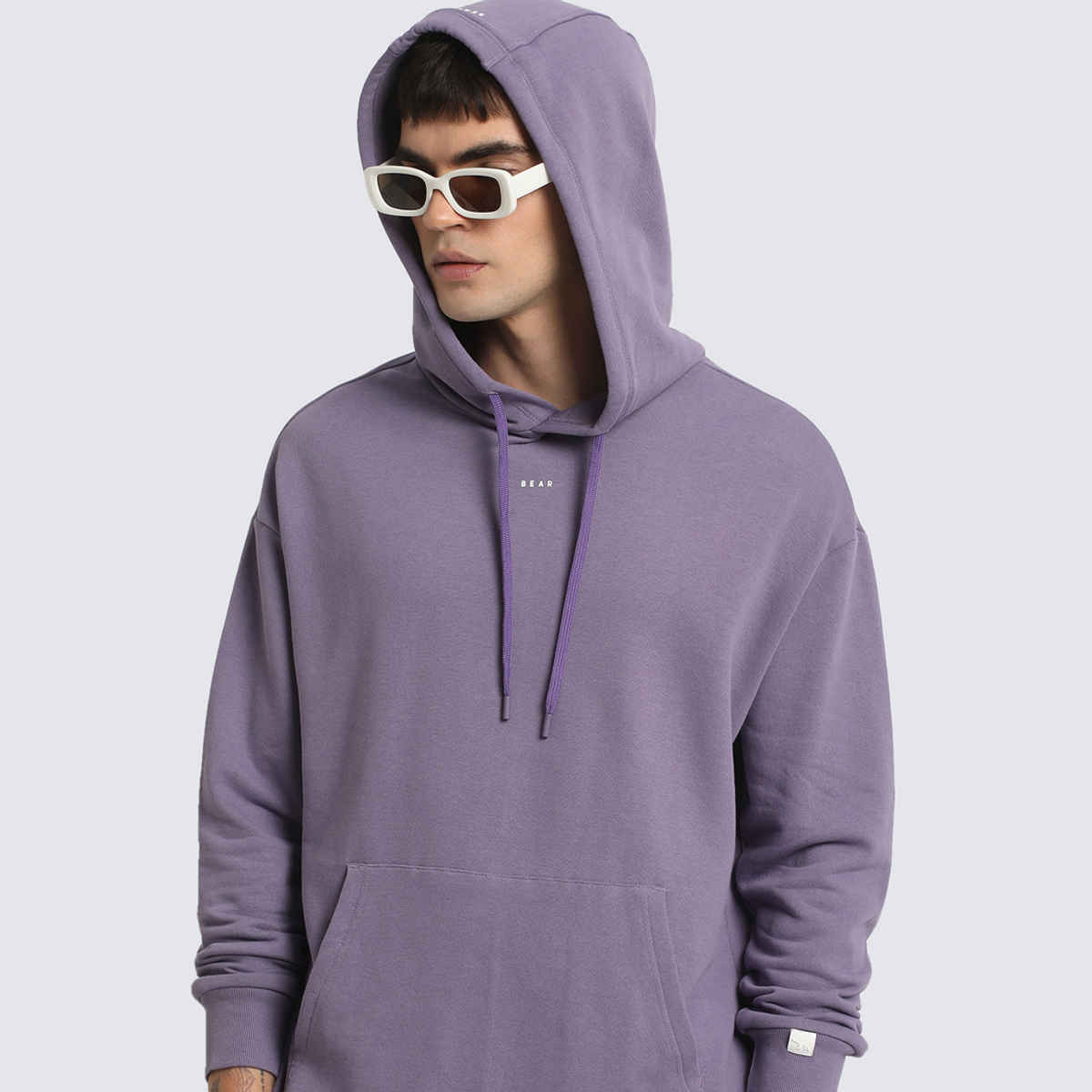 The Bear House Men's Solid Relaxed Fit Hoodie | Purple - XL