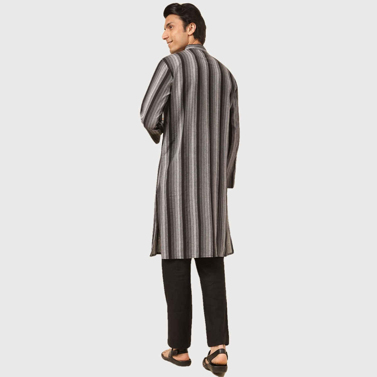 Fabindia Men's Long Kurta Woven | Black - S
