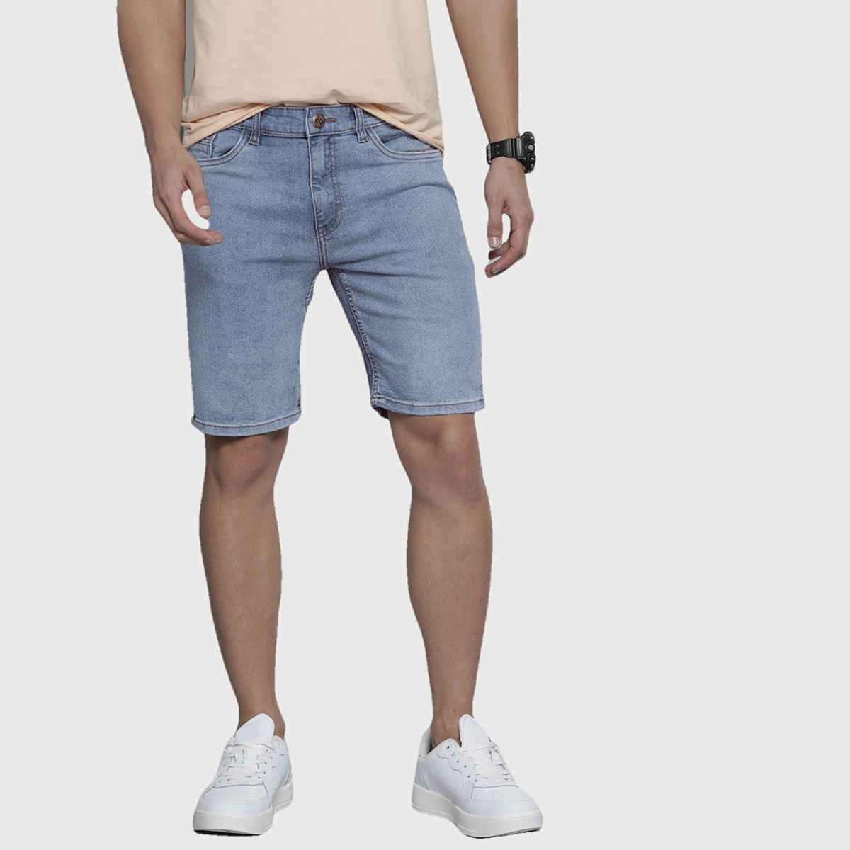 The Indian Garage Co Men | Slim Fit Solid Casual Denim Shorts | Light Blue | 30