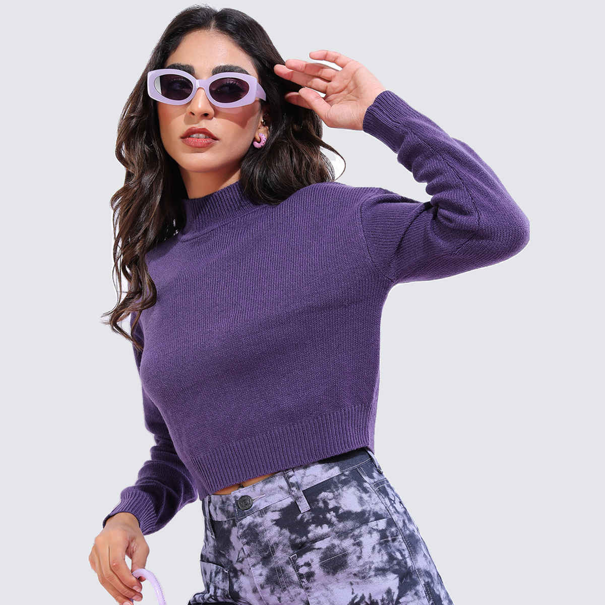 Tokyo Talkies Women's Turtle Neck Ribbed Pullover | Purple - M