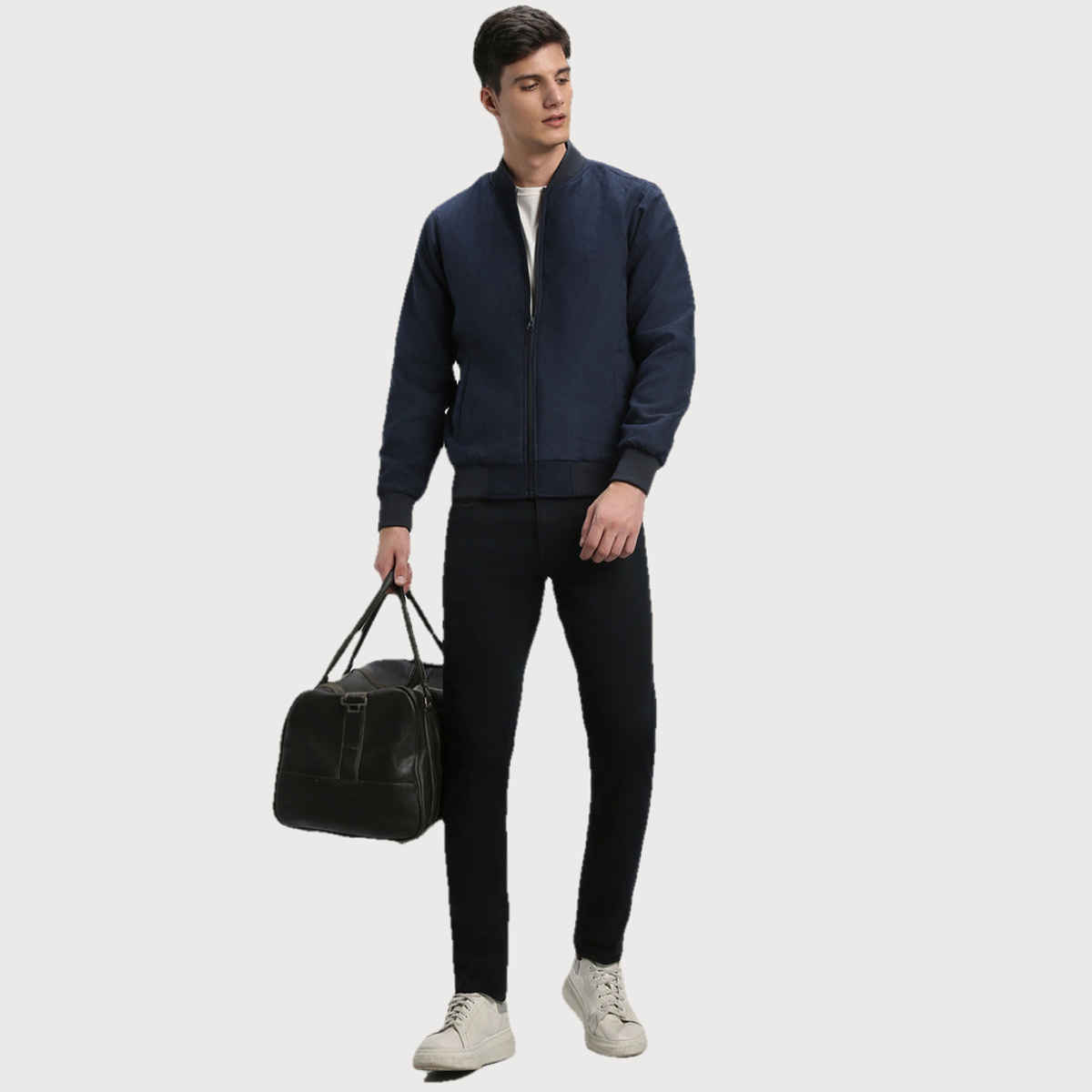 Dennis Lingo Men's Rib Collar Regular Fit Solid Navy Suede Bomber Jacket | Dlmjkw23030 - Nv | XL