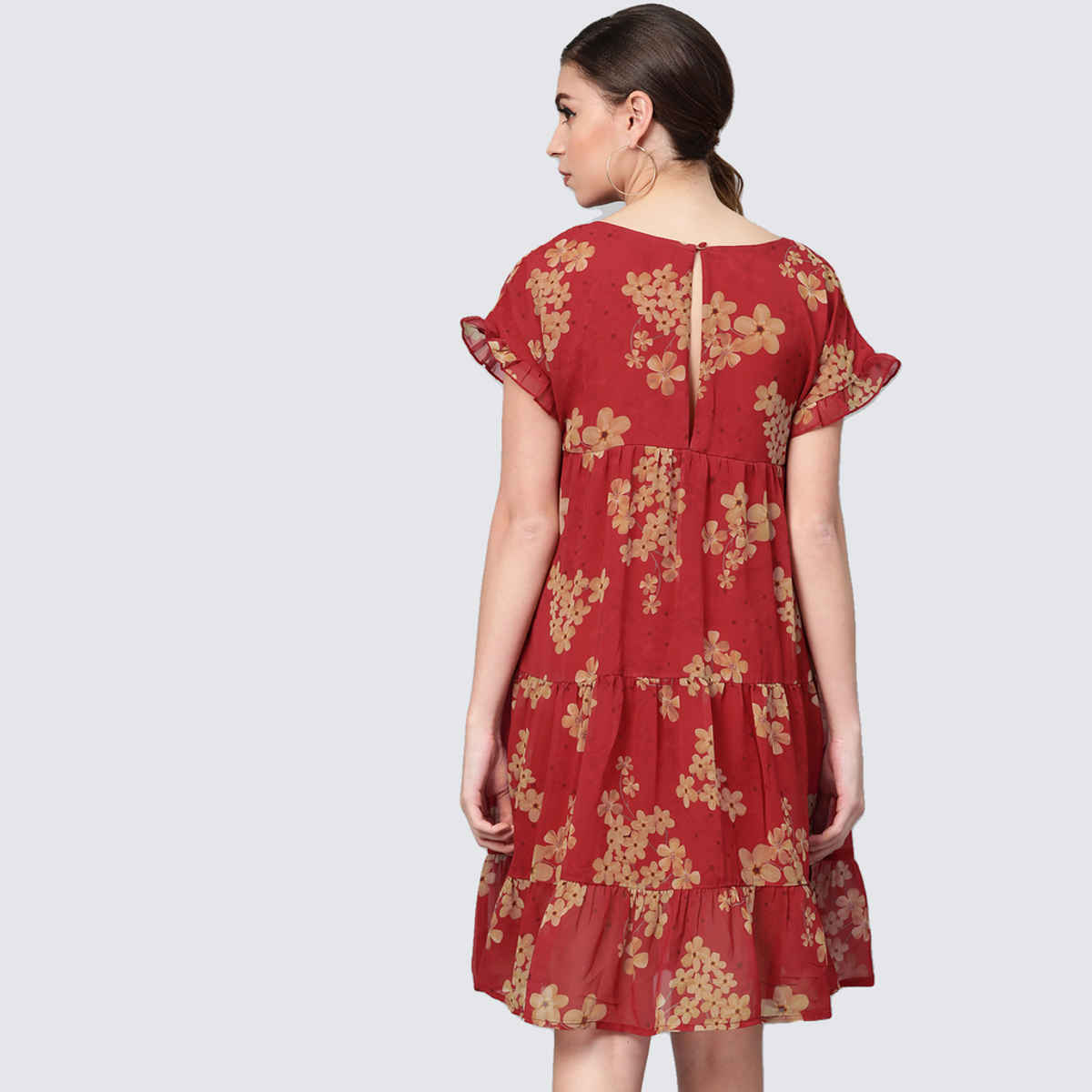 SASSAFRAS Women's Floral Tiered Trapeze Dress | Red - L