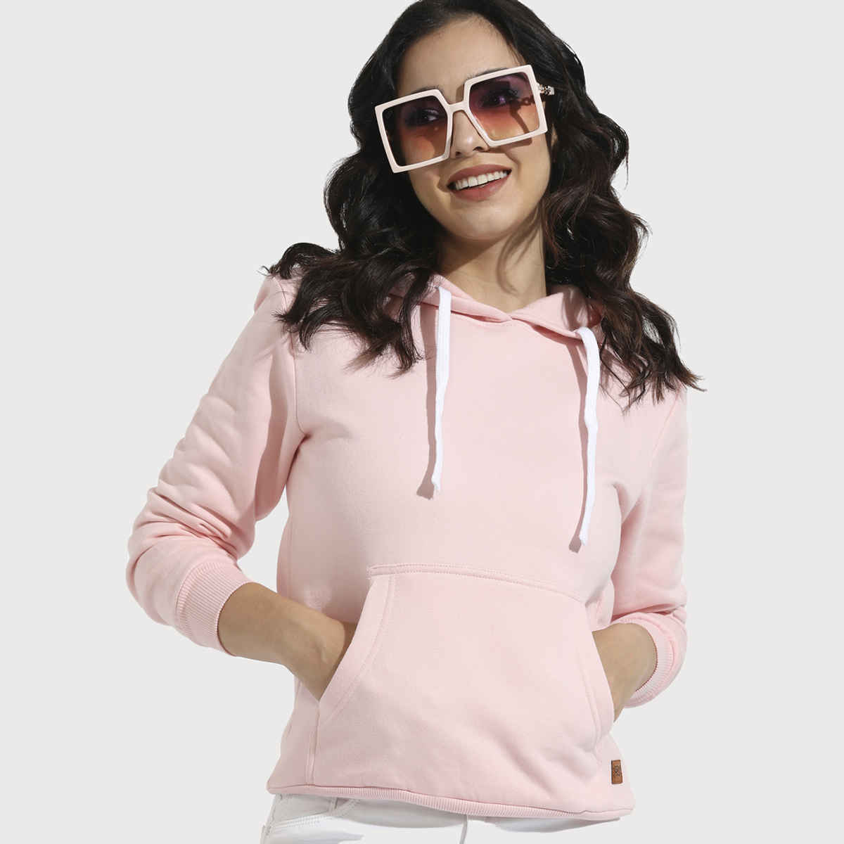 Campus Sutra Women's Zip-Front Hoodie with Ribbed Hem | Light Pink - L