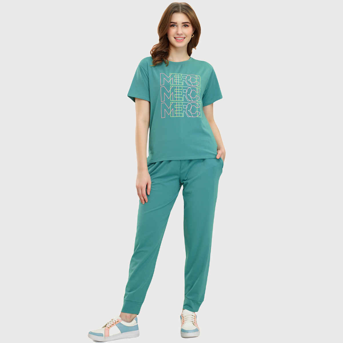 Zeyo Women's Cotton Green Typography Printed Night Suit Set of Top & Joggers | 5713-XL