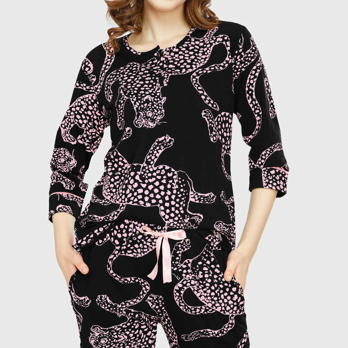 Zeyo Night Suit for Women Black Leopard Printed Cotton Night Dress of Top & Pajama Set 5787-BK- XXL