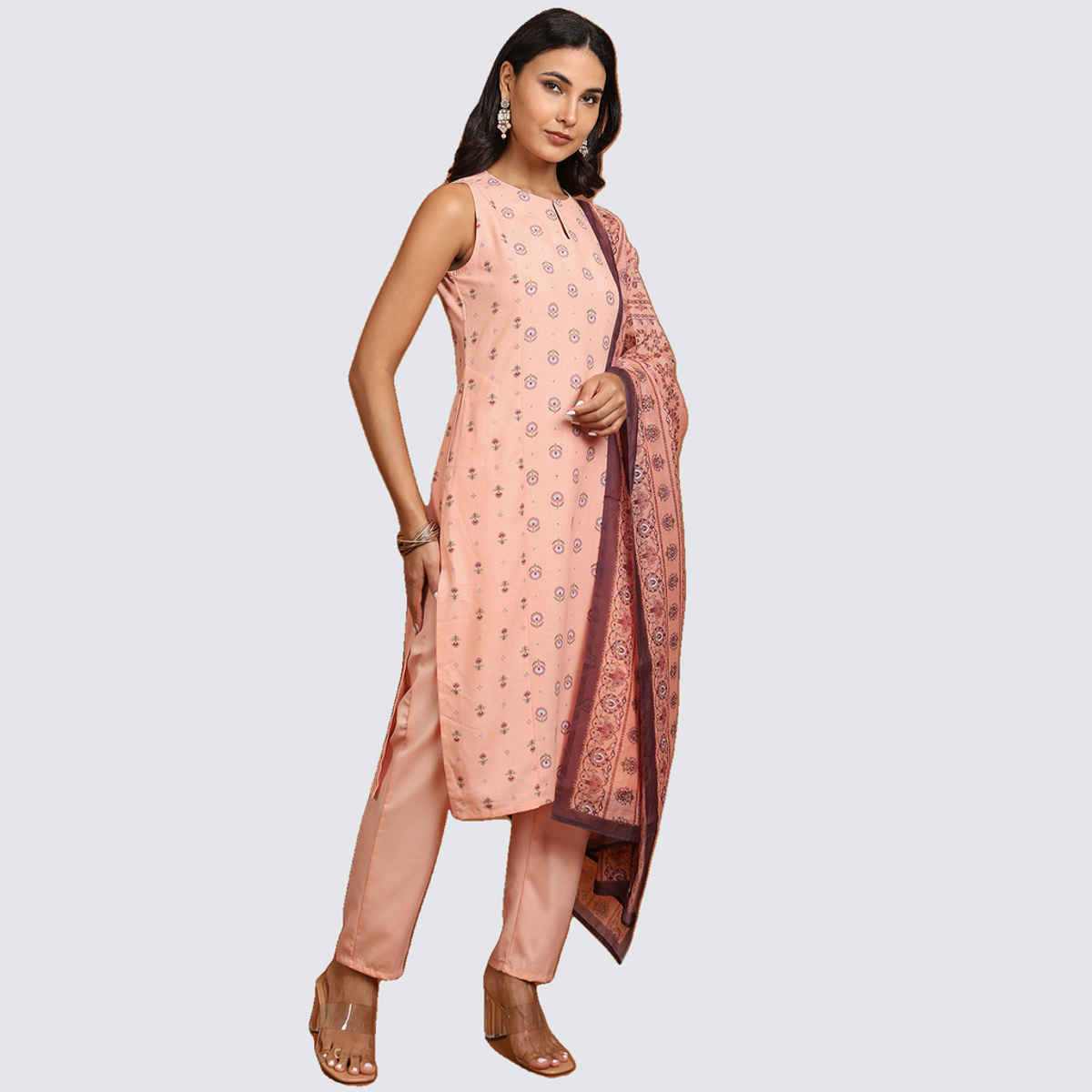 KETCH Women's Ethnic Motifs Printed Straight Kurta, Pyjamas with Dupatta | Peach - L