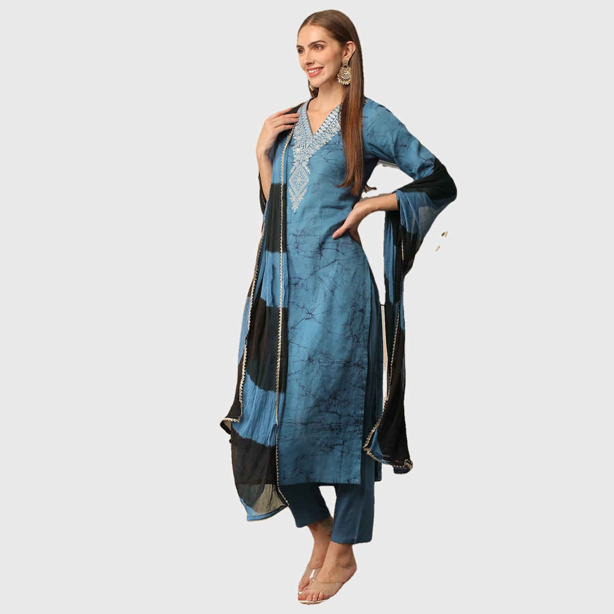 GoSriKi Women's Viscose Rayon Straight Printed Kurta with Pant & Dupatta | Blue - XL